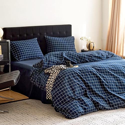 Miniatura 3 de Wake In Cloud - Juego de funda de edredón de algodón cuadriculado, a cuadros geométrico estilo granja, juego de ropa de cama de percal de algodón