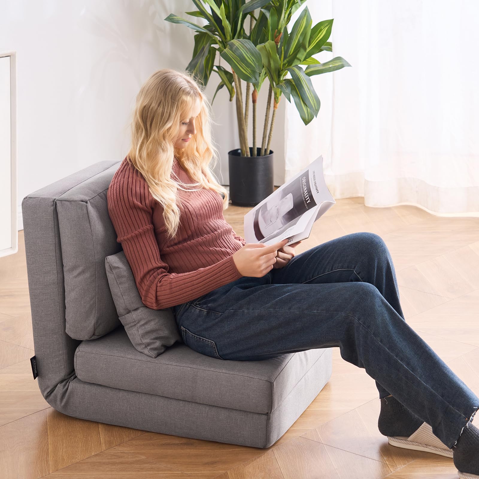 VEVOR Chaise de Sol Pliante, Fauteuil de Sol à 5 Positions réglables, canapé-lit rembourré Pliable avec Dossier réglable, Cadre en métal et Oreiller, Fauteuil Convertible pour Salon, Chambre, Gris
