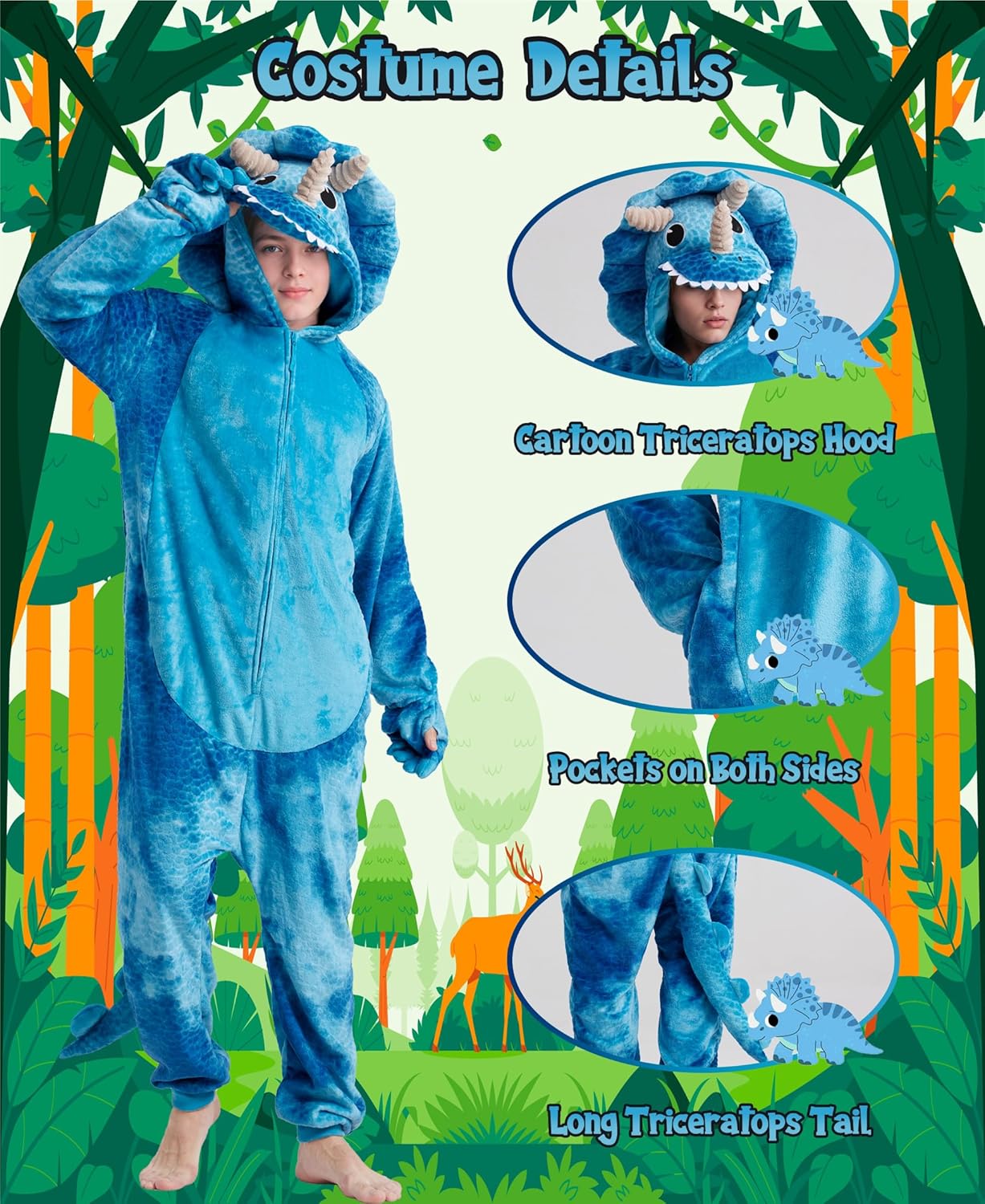 Adult Triceratops Pajamas Unisex Tie-dye Triceratops Onesie Cartoon Halloween Cosplay Hooded Zipper Costume Jumpsuit - Image 5