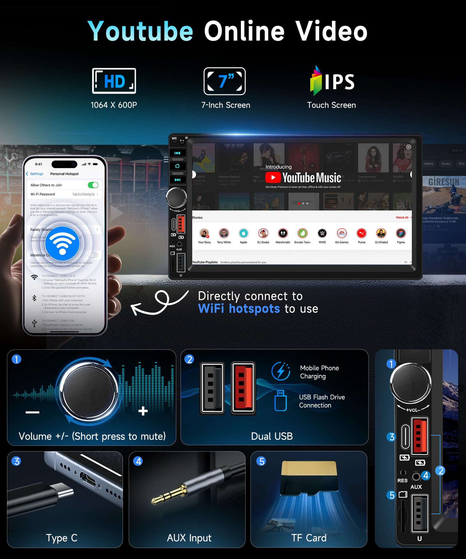 VECHTEL Radio samochodowe 7-calowe 2 DIN z bezprzewodowym CarPlay, Android Auto, radio FM z Bluetooth, nawigacja GPS, 2 porty USB/Typ-C/SD, wideo online, ekran dotykowy IPS radio samochodowe z kamerą