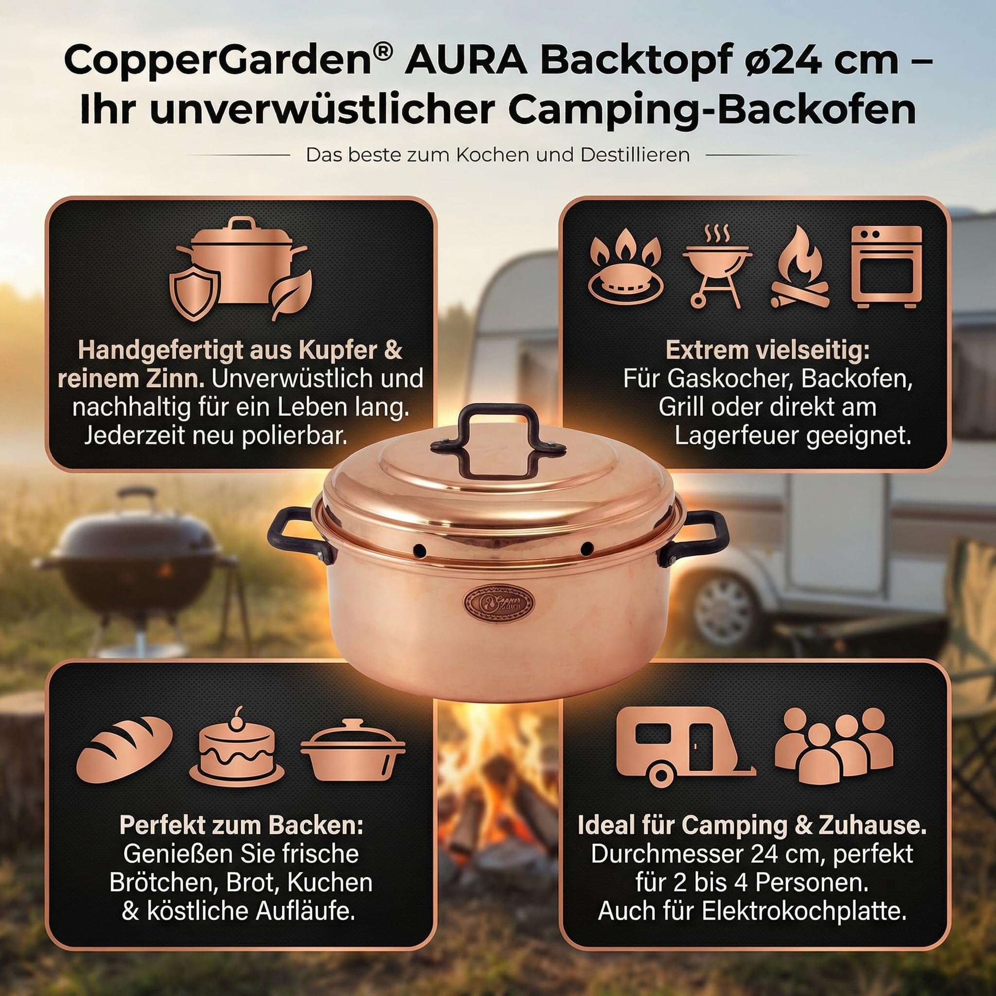 CopperGarden Aura24 Backtopf aus Kupfer I Kupfertopf für Camping/Gasherd/Grill & Lagerfeuer I Kupferkochtopf für 2-4 Personen I Brot-Topf mit 24 cm Durchmesser I Bräter mit Deckel