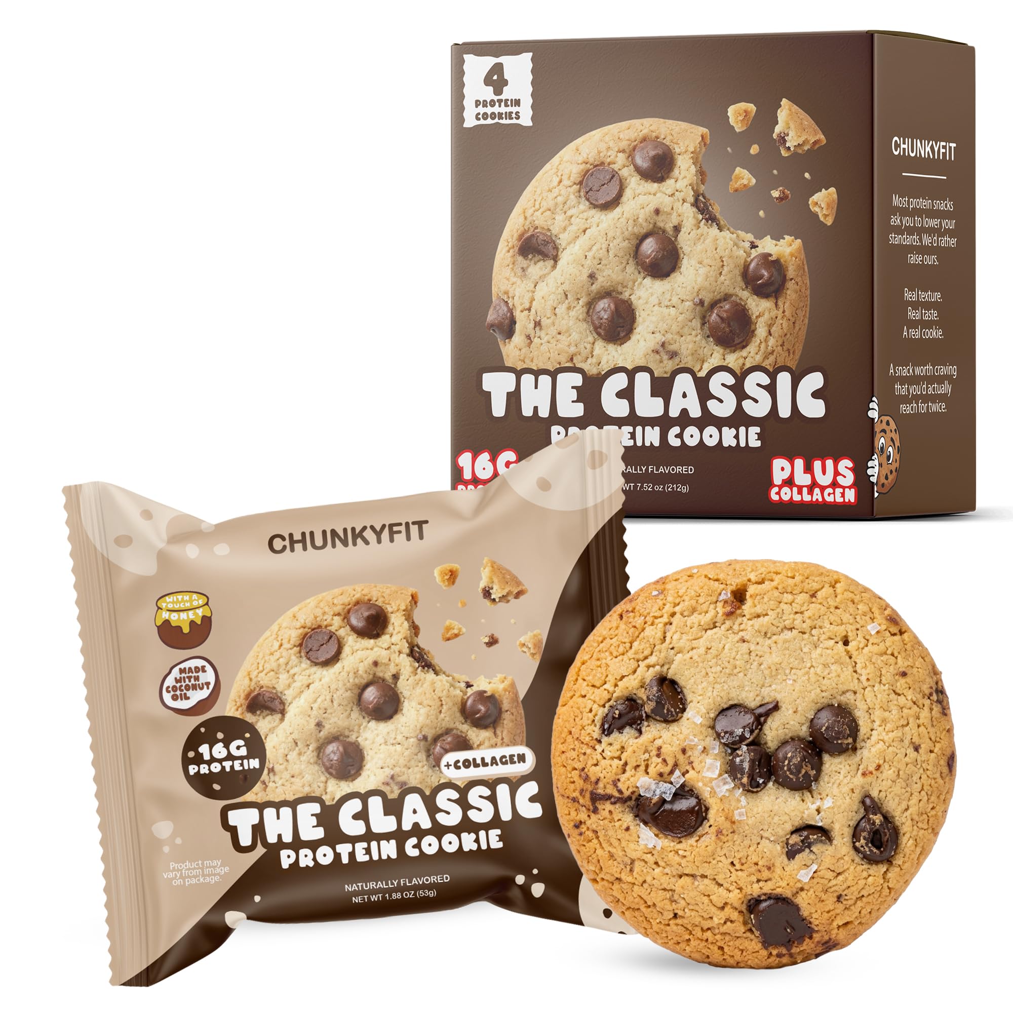 CHUNKYFIT Biscoito proteico com gotas de chocolate, 16 g de proteína, pacote com 4