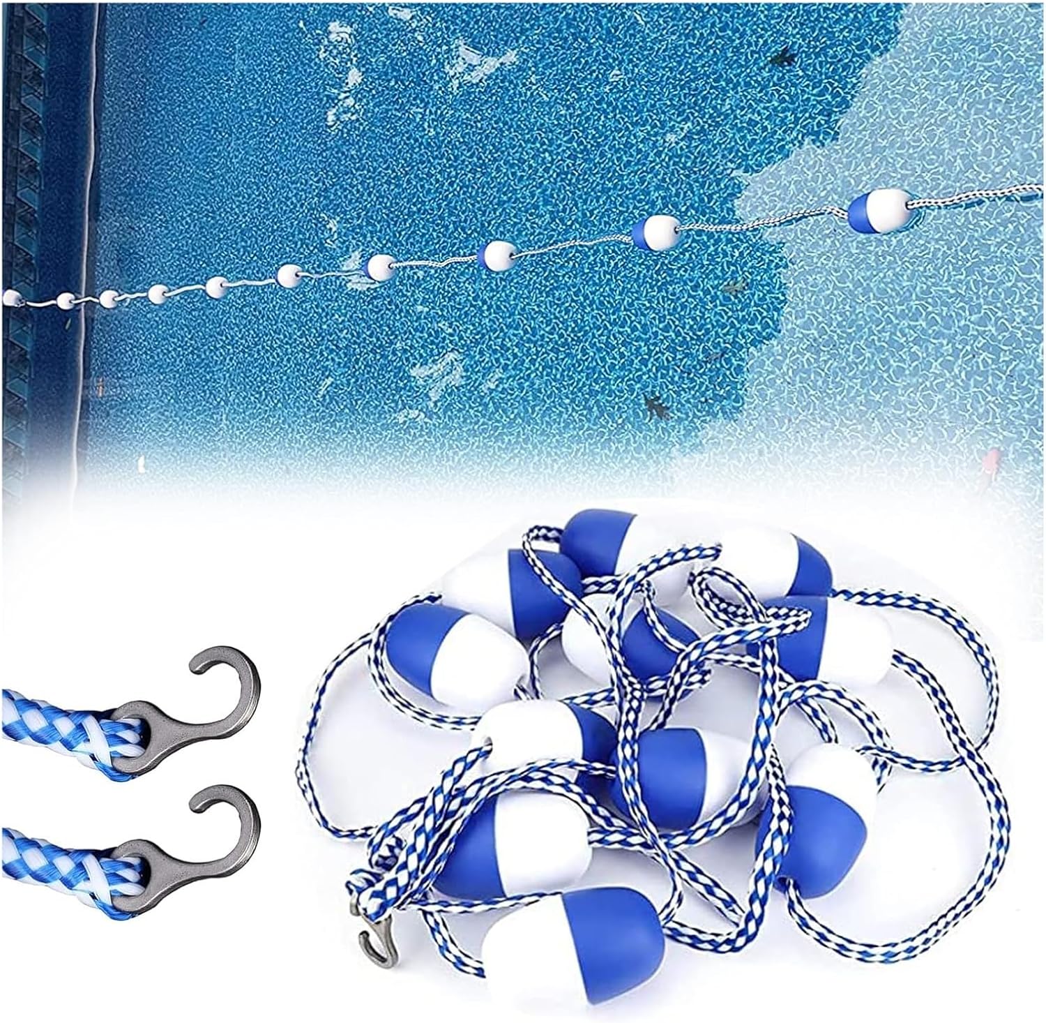Pool Buoy,Pool Divider Rope Float, Pool Safety Divider Rope with Blue White Floats ＆ Hooks, Division Cordon/Lane Marking Line