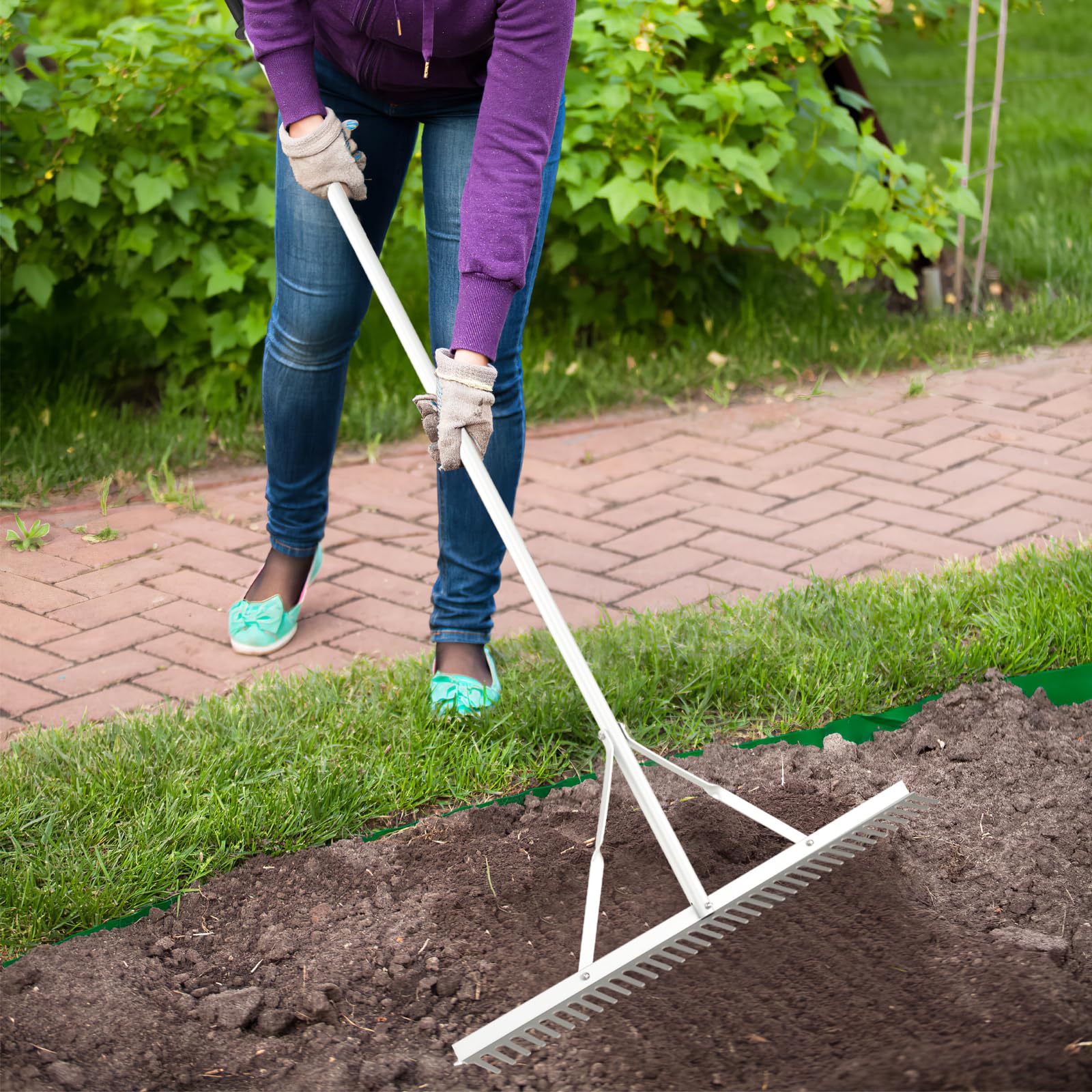 RELAX4LIFE Rastrello da Giardino in Alluminio, Rastrello Scopa per Foglie con 36 Denti, Larghezza 91cm, Manico Lungo 174 cm, Attrezzo da Giardino per Allentare il Terreno e Cura del Prato