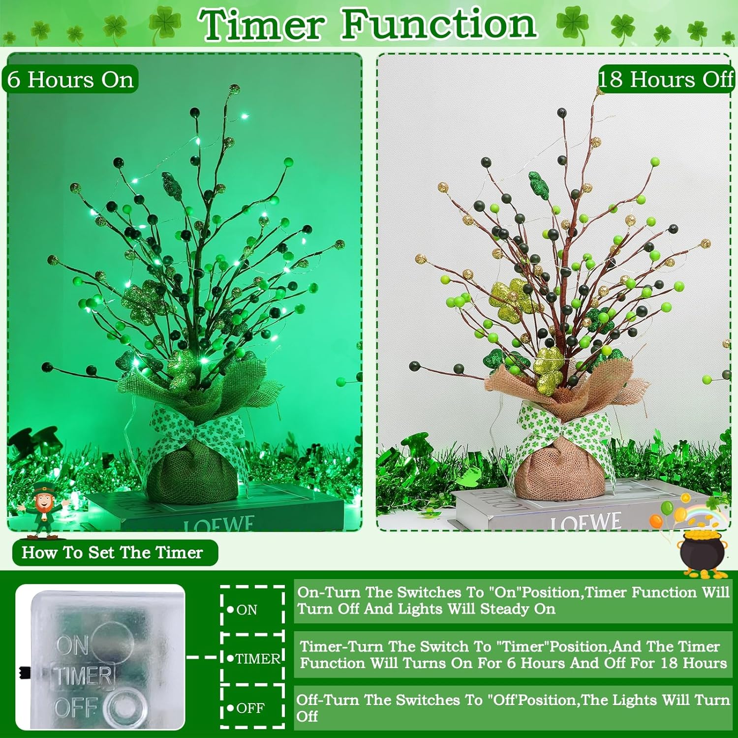 St. Patrick's Day Decorations, 2 Pack 18 Inch Lighted St. Patrick's Day Tree Tabletop 20 Green Lights Timer Battery Operated 6 Shamrocks 108 Berries Artificial Tree St. Patrick's Day Decor Home Party - Image 3