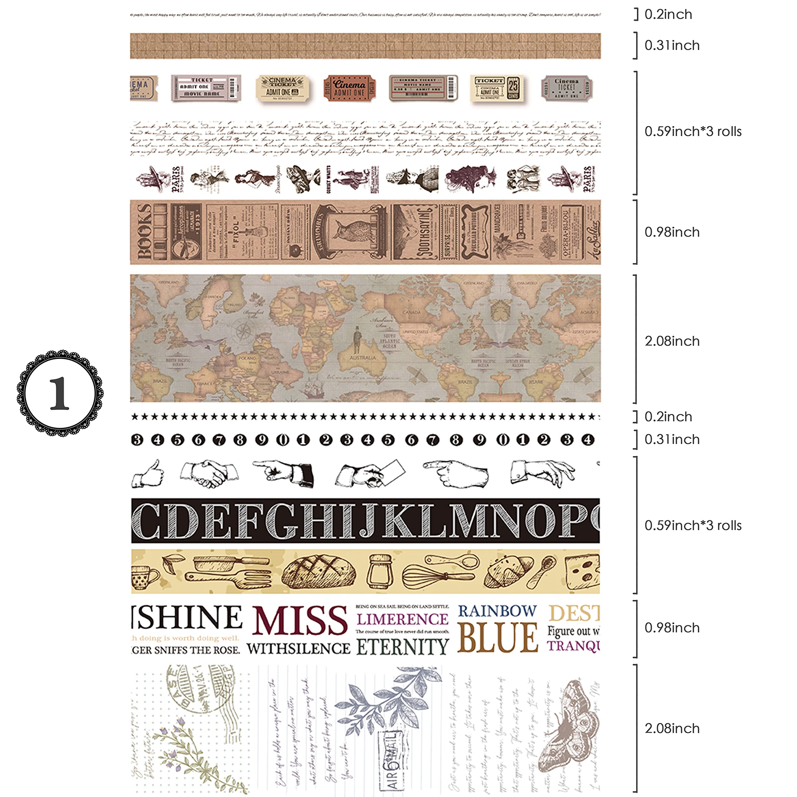 wonderbooom Vintage Washi Tape Set 18 Rolls & 30 Pcs Transparent Lace Sticker,Japanese Decorative Writable Tapes Wide for Scrapbooking Supplies Bullet Journal DIY Planners Junk Journal