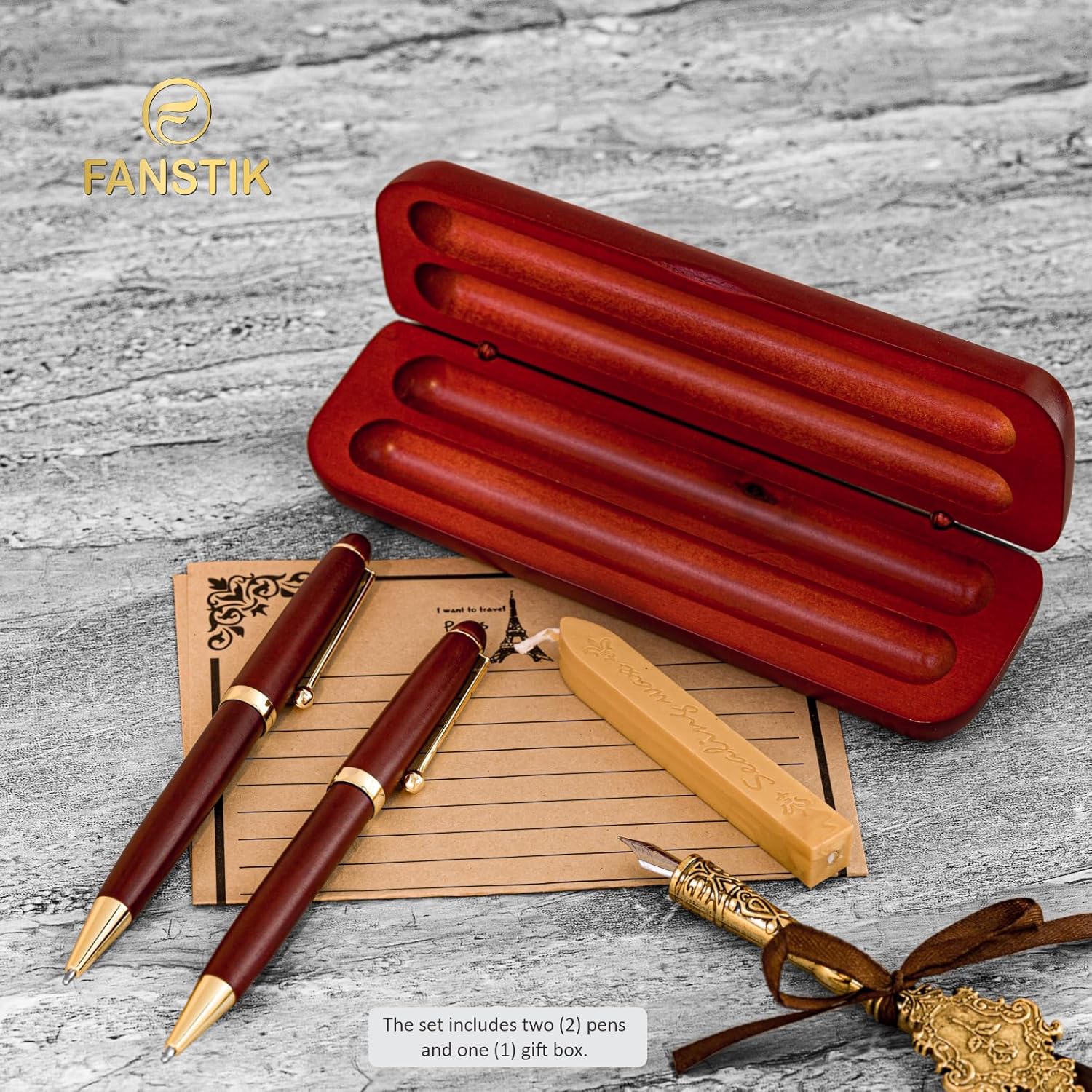 FANSTIK Customized Cherrywood Double Ballpoint Pen Set with Name (MADE IN USA), with Wooden Gift Box, Personalized Gift for Men and Women (BallPoint CherryWood Set)