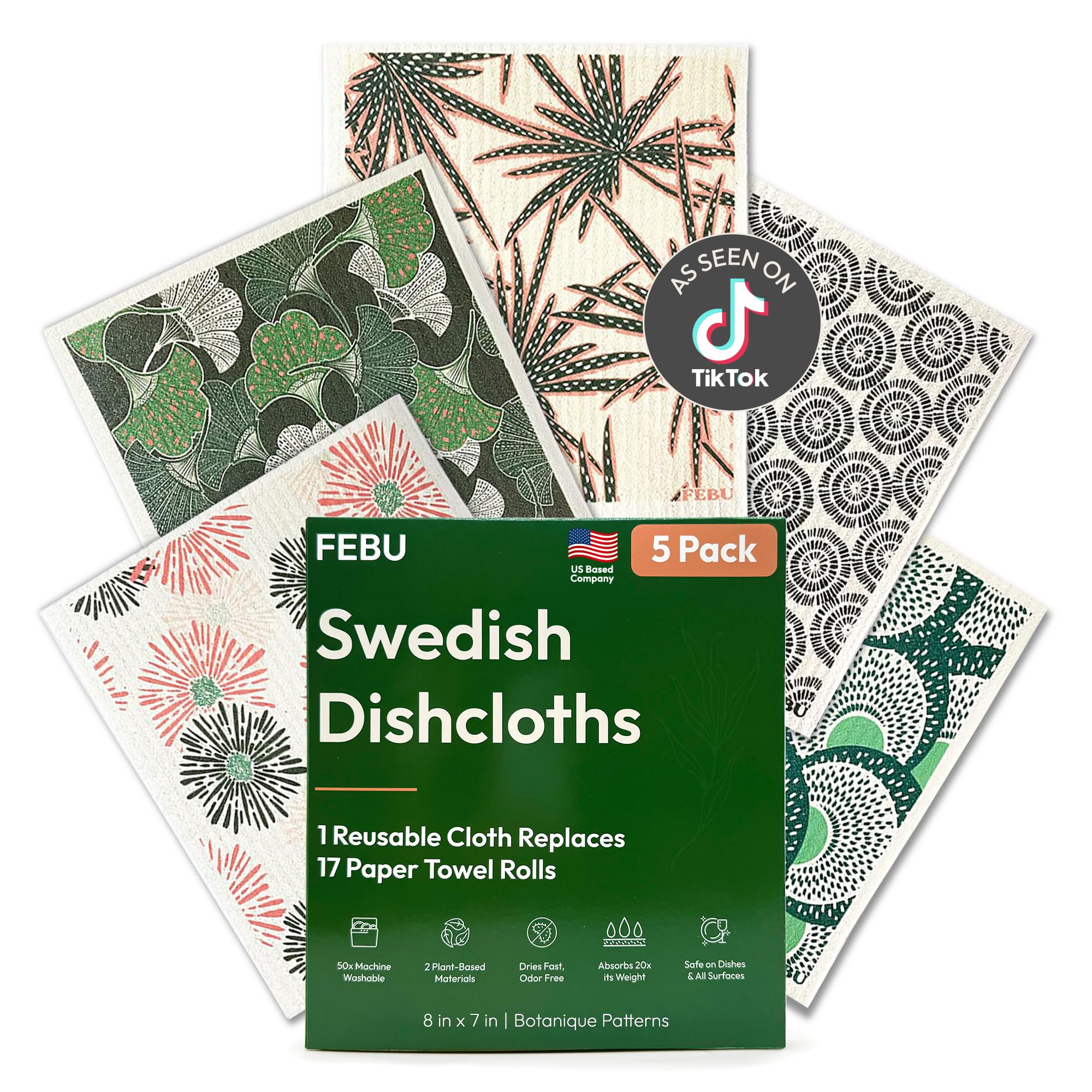 FEBU Swedish Dishcloths for Kitchen | 5 Pack Botanique Reusable Paper Towels Washable | Swedish Dish Towels | Non-Scratch Cellulose Sponge Cloths | No Odor, Biodegradable Cleaning Cloths
