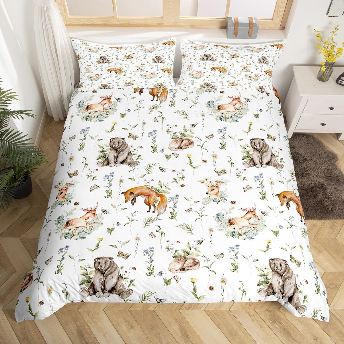 Housse de couette renard 220x240 parure de lit enfant animaux des bois ours