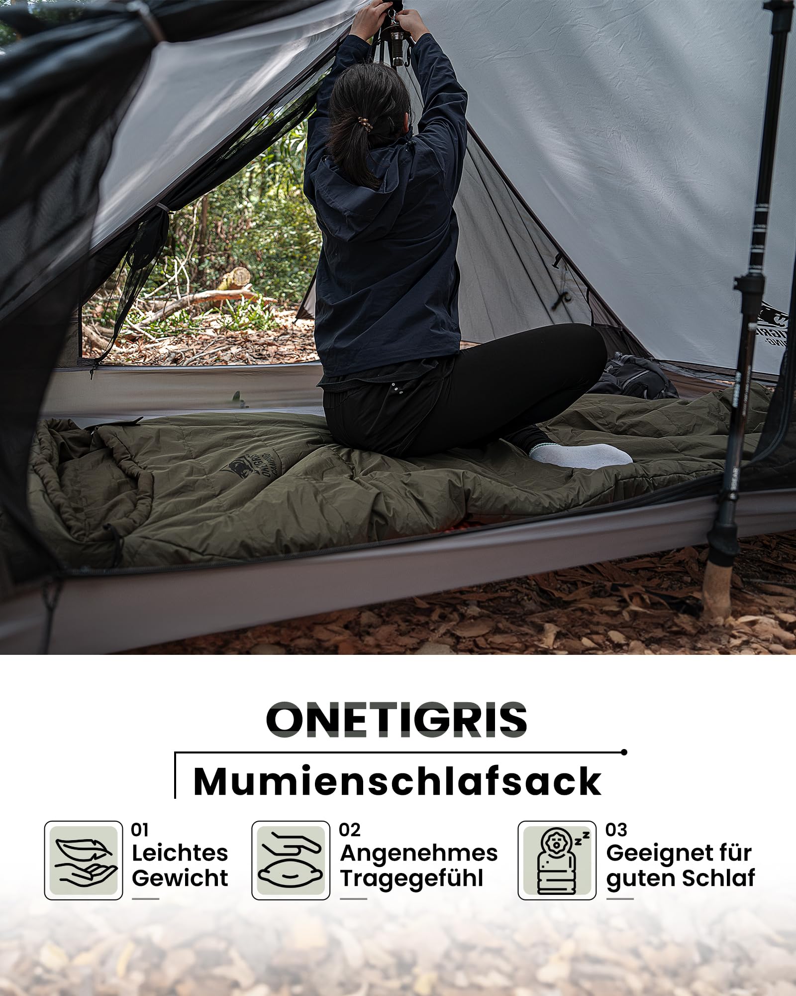 OneTigris Schlafsack Outdoor kleines Packmaß 3 Jahreszeiten 8 °C -15 °C Mumienschlafsack Ultraleicht kompakt für Camping, Reisen, Wandern (Grün)