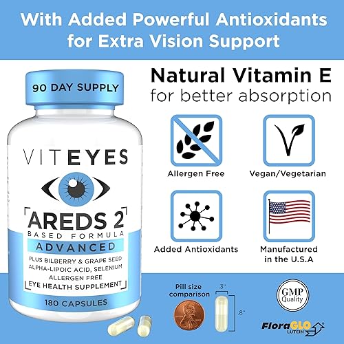 Miniatura 5 de Viteyes AREDS 2 - Soporte macular avanzado con arándano semillas de uva luteína FLORAGLO selenio vitamina E natural sin alérgenos vitaminas oculares