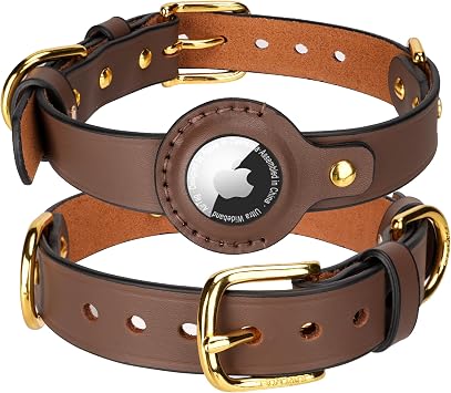 AirTag Dog Collar - Genuine Heavy Duty Leather Dog Collar with Apple AirTag Holder, Suitable for Small Medium Large Dogs Brown, M, 13.6"-17.6" Neck Fit