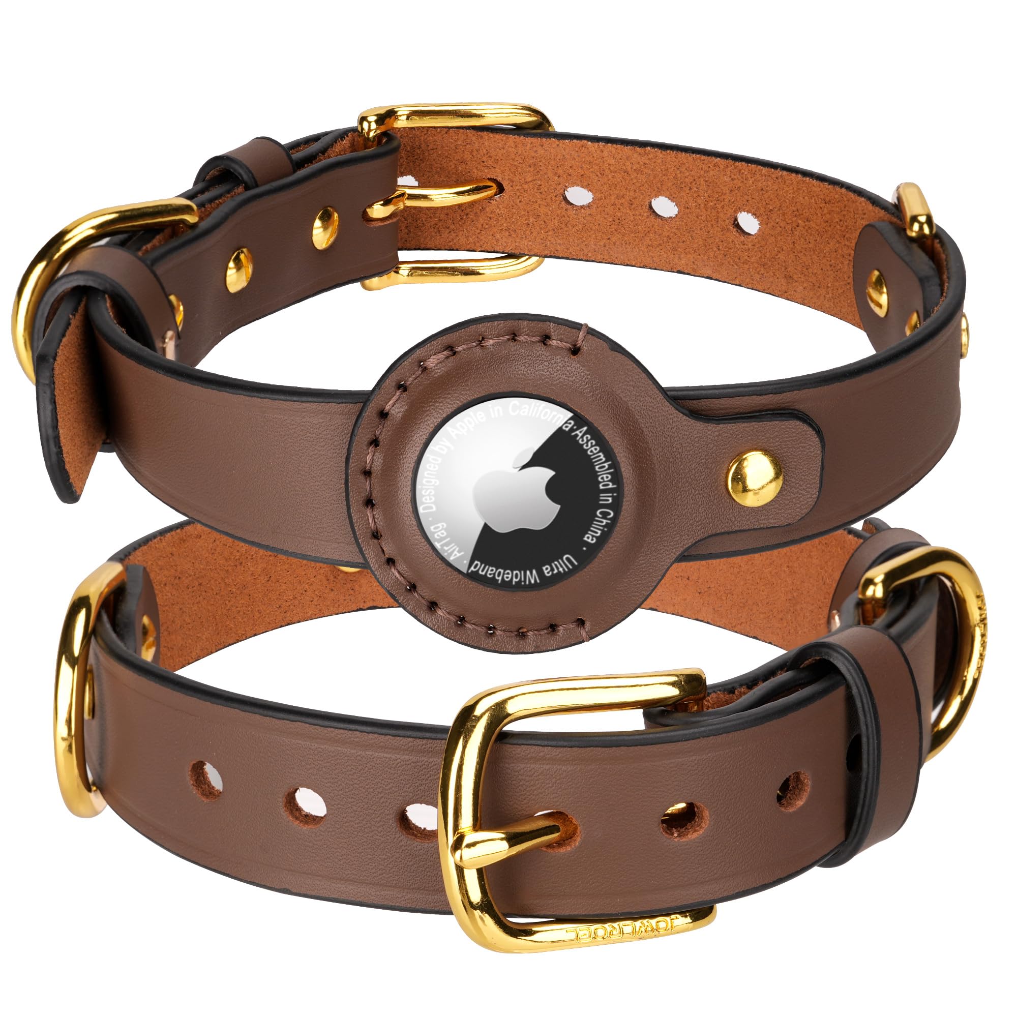 Jowlroel AirTag Dog Collar - Genuine Heavy Duty Leather Dog Collar with Apple AirTag Holder, Suitable for Small Medium Large Dogs (Brown, M, 13.6"-