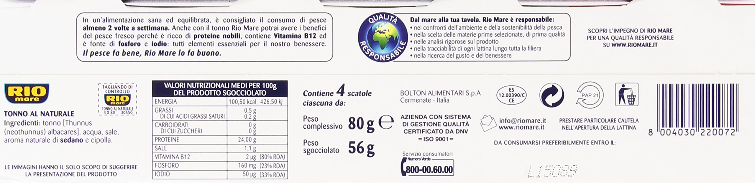 Rio Mare Aletas amarillas de atún al natural, 1% de grasa, 12 latas de 80 g