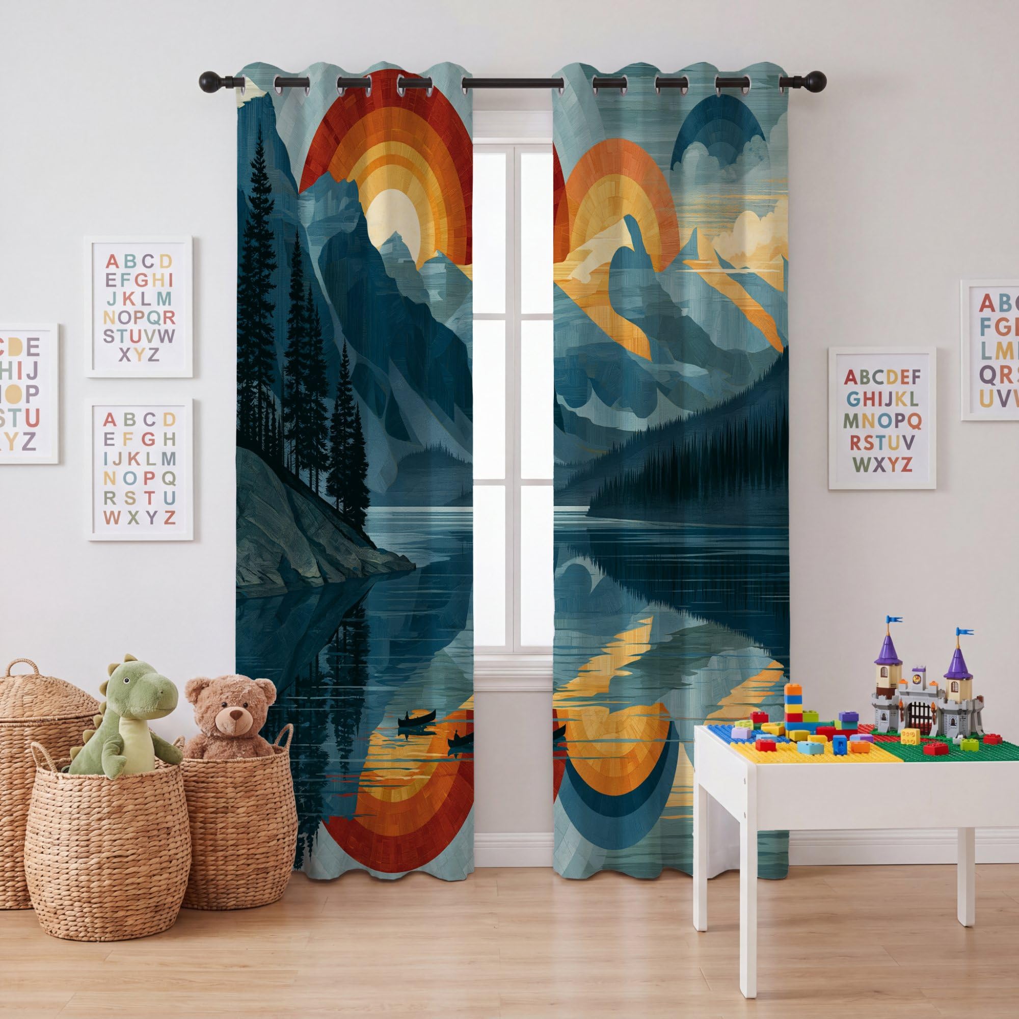 Zasłony zaciemniające z nadrukiem gór i jeziora, 140 L x 245H cm (2 panele)