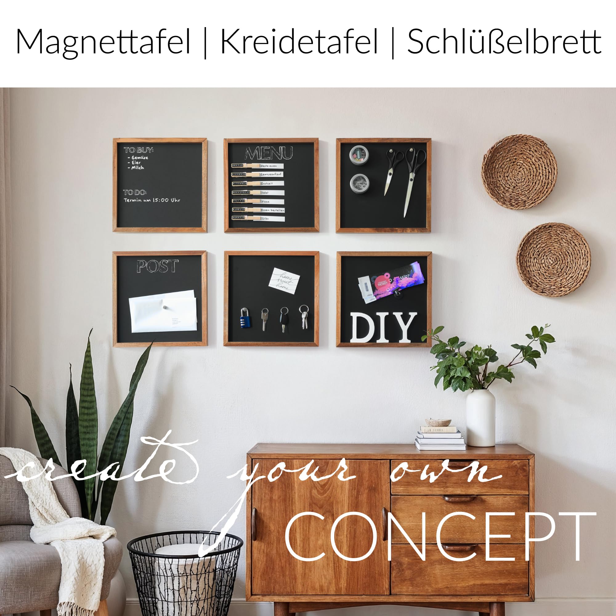 CONCEPT board – Tableau magnétique, tableau à craie et tableau d'affichage en un – Tableau magnétique polyvalent avec cadre en bois d'acacia noble (certifié FSC®) – comme tableau de vision