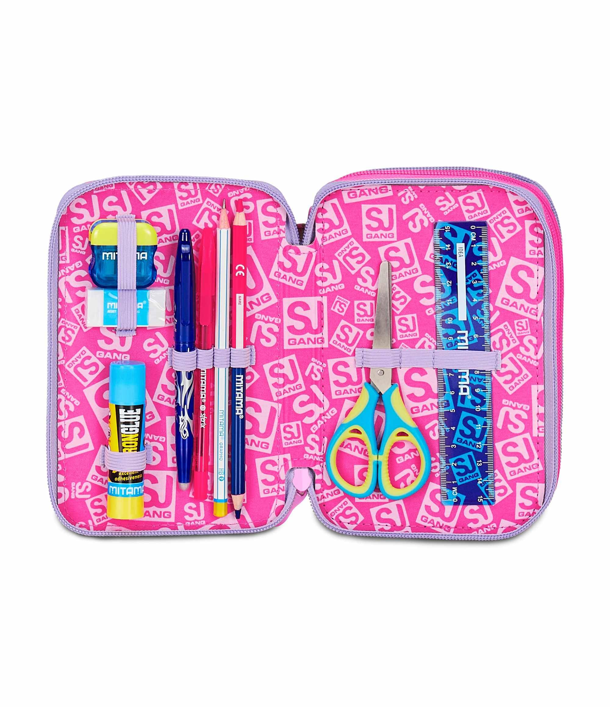 Astuccio Scuola 3 Zip Fucsia Portapenne Triplo Scomparto Completo Penne Matite Colori