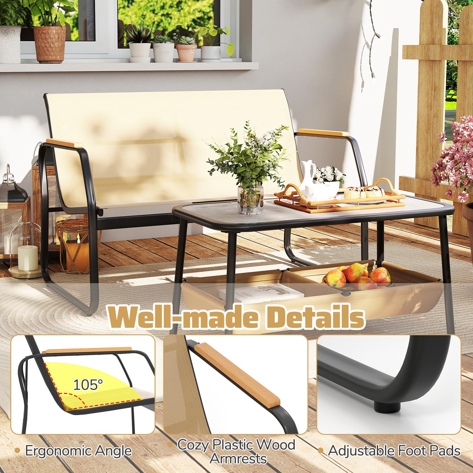 KOMFOTTEU Set di Mobile da Giardino in 2 Pezzi, Set Tavolo e Sedie da Balcone in Tessuto Textilene, Set da Bistrò con Divanetto 2 Posti e Tavolino con 2 Scomparti di Stoccaggio, per Veranda, Marrone