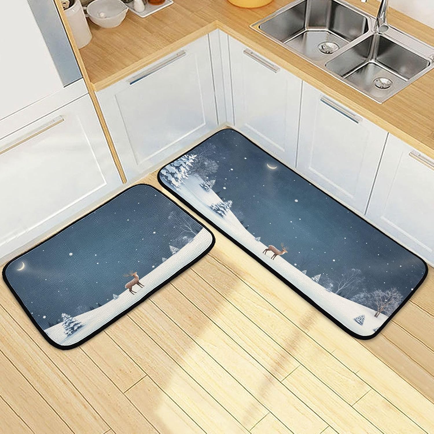 Pfrewn Winter Night Frosty Tree Snow Deer Kitchen Rug and Mat Set of 2 Anti Fatigue Non Slip Washable Runner Rugs Floor Mats for Christmas X-mas Winter Holiday Kitchen Laundry Room Home Decor