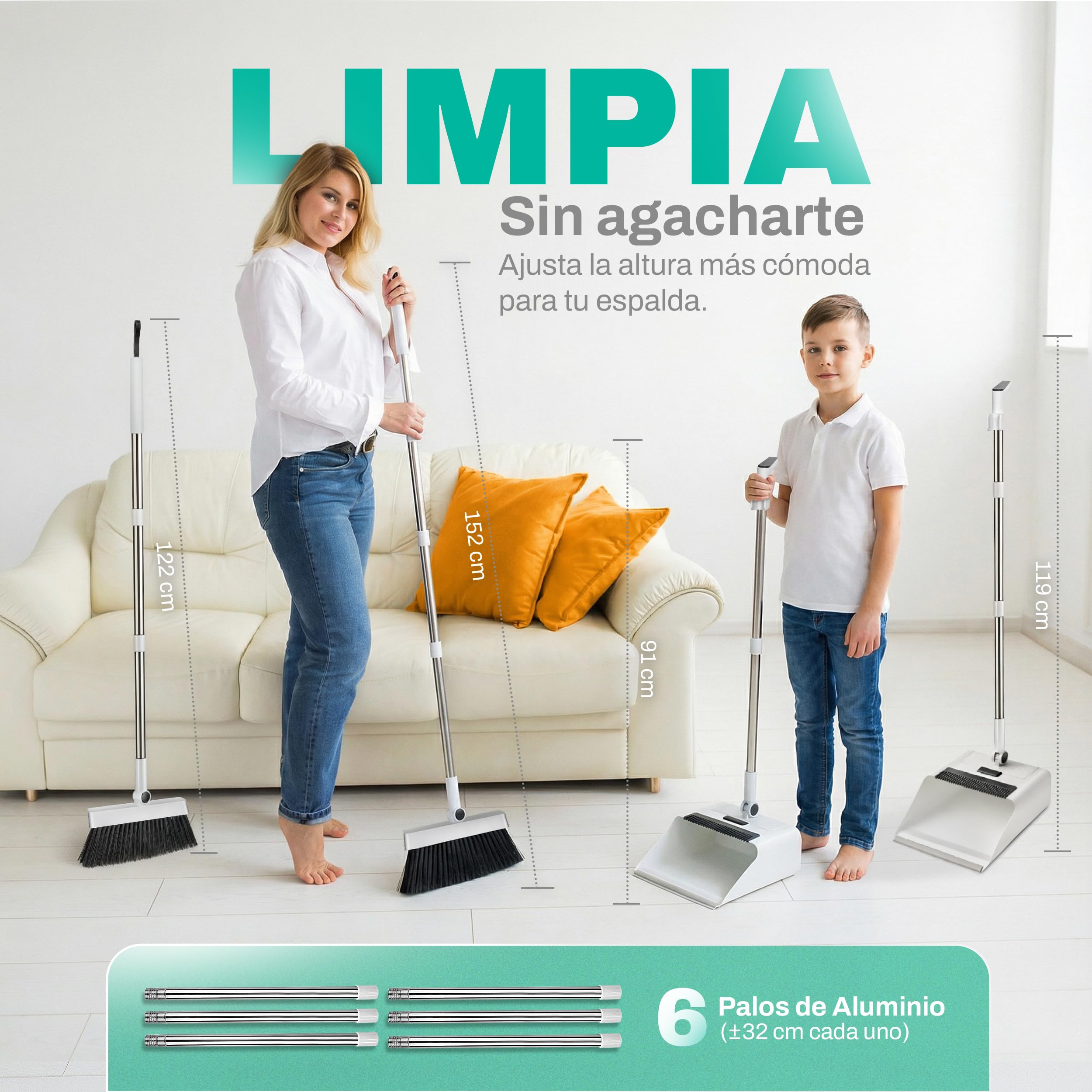Bione Escoba y Recogedor Plegable con Palo de 126 cm - Set de Limpieza de Escoba 3 en 1 con Cepillo Barrer, Cepillo Duro, Limpiacristales Integrado, Bayeta y Recogedor Basura - Práctico y Compacto