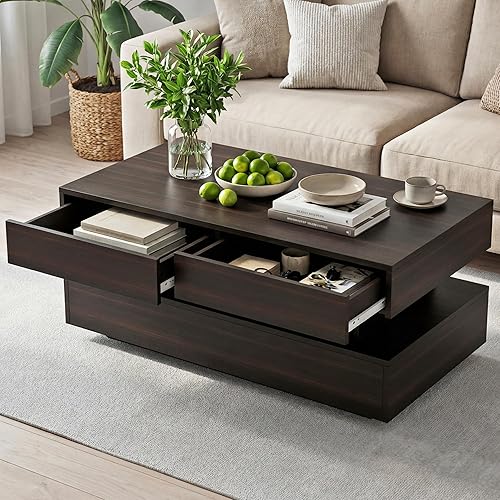 Miniatura 5 de Mesa de centro para sala de estar, mesa de centro moderna con 2 cajones de almacenamiento, mesa central de 2 niveles de madera con luces LED de 20
