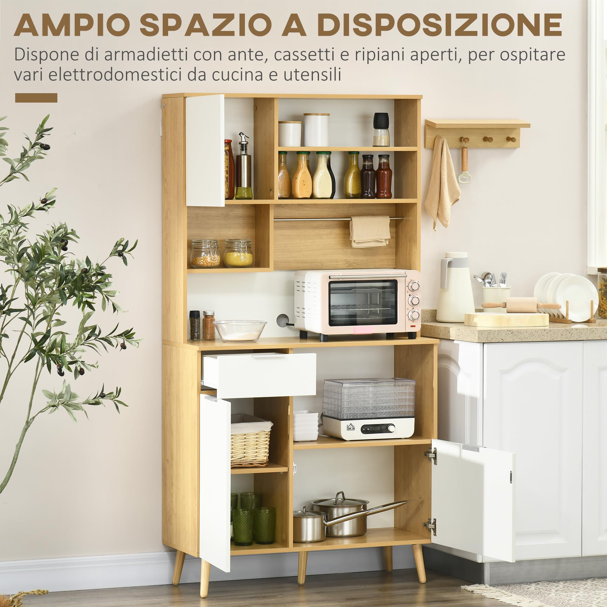 HOMCOM Dispensa da Cucina in Truciolato e Legno di Pino con Armadietti, Cassetti, Ripiani Regolabili e Appendino, 93x40x180 cm, Bianco e Color Legno