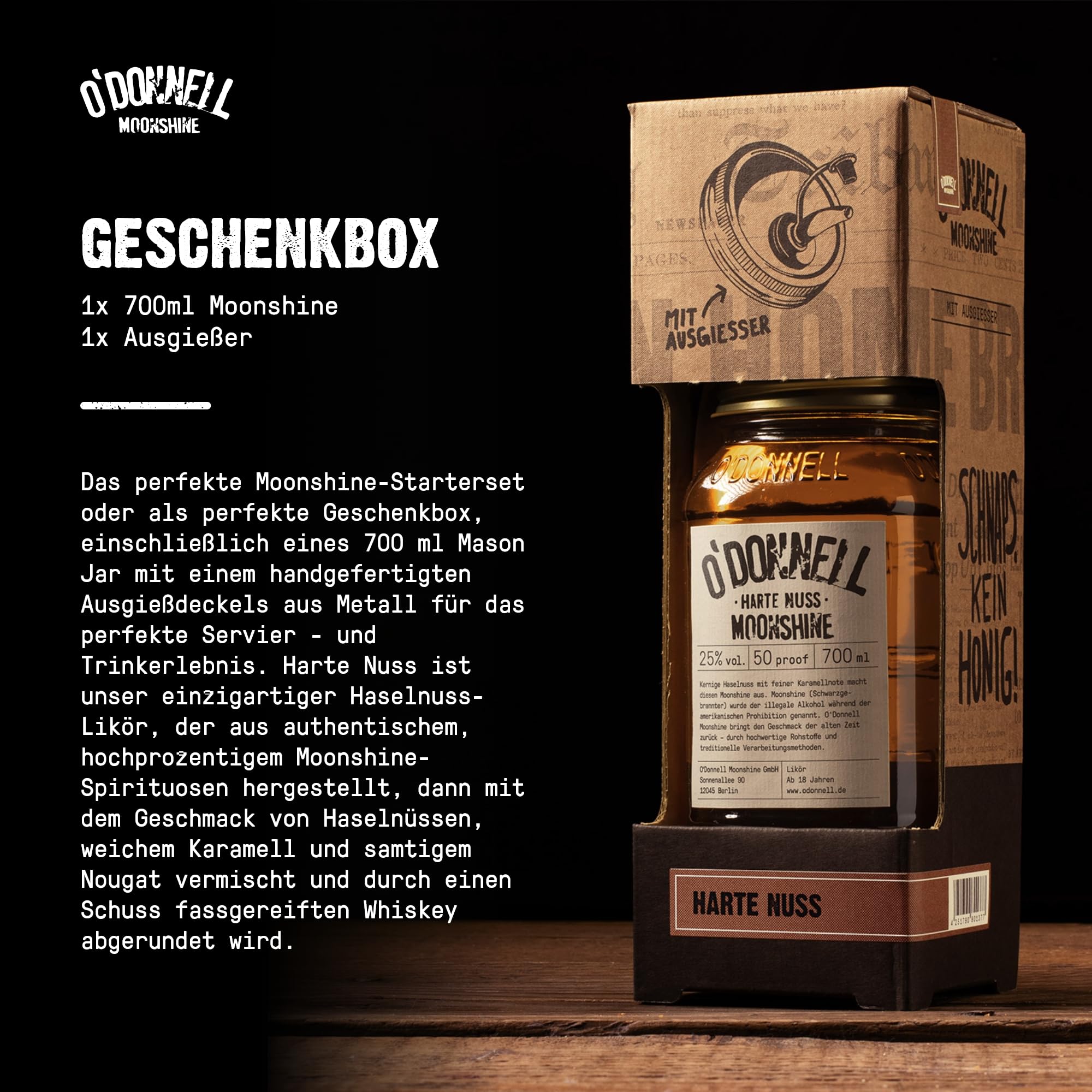 O'Donnell Moonshine Haselnusslikör Harte Nuss Geschenkset (+ Ausgießer) – Nuss Likör mit Whiskey & Karamell Geschmak (700ml) in Original Mason Jar – 25% Premium Spirituose Made in Berlin
