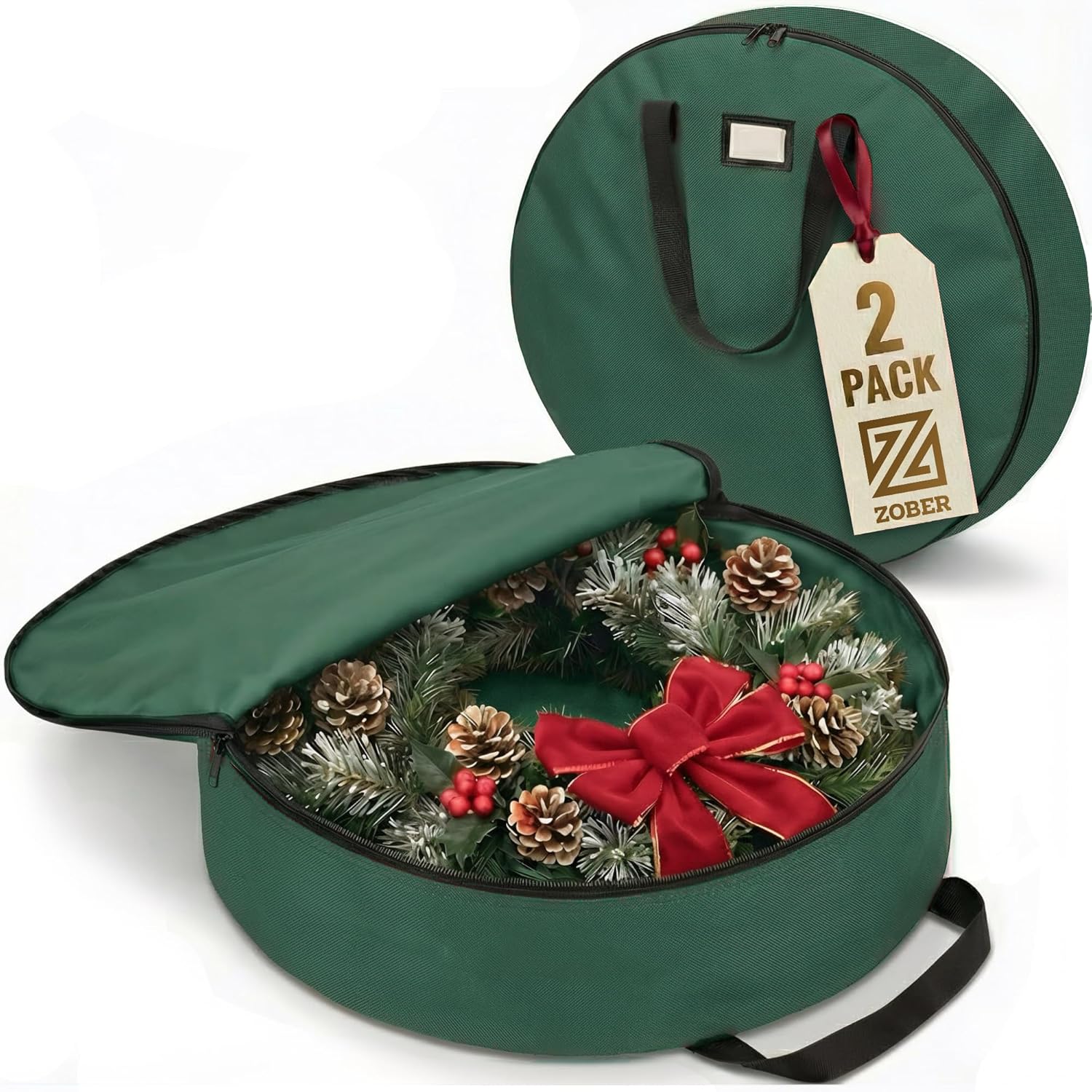 ZOBER 2 Pack Oxford Christmas Wreath Storage Container 24 Inch - Wreath Bag for Artificial Wreaths Box - Waterproof Fabric, Dual Zippered Wreaths Storage Bag With Strong Durable Handles - Green