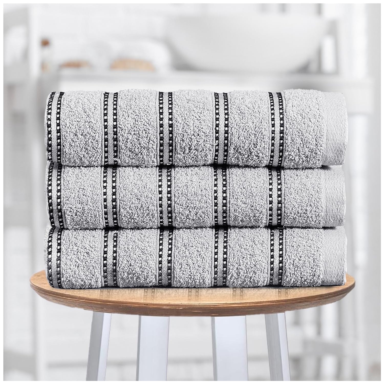 GC GAVENO CAVAILIA Stripe Bath Sheets Extra Large 3Pack | 600GSM Towels Bath Sheets Quick Dry & Water Absorbent Towels Set | Lightweight Hotel Quality Thick Cotton Towel Bath Sheet 90x150 Cm, Grey
