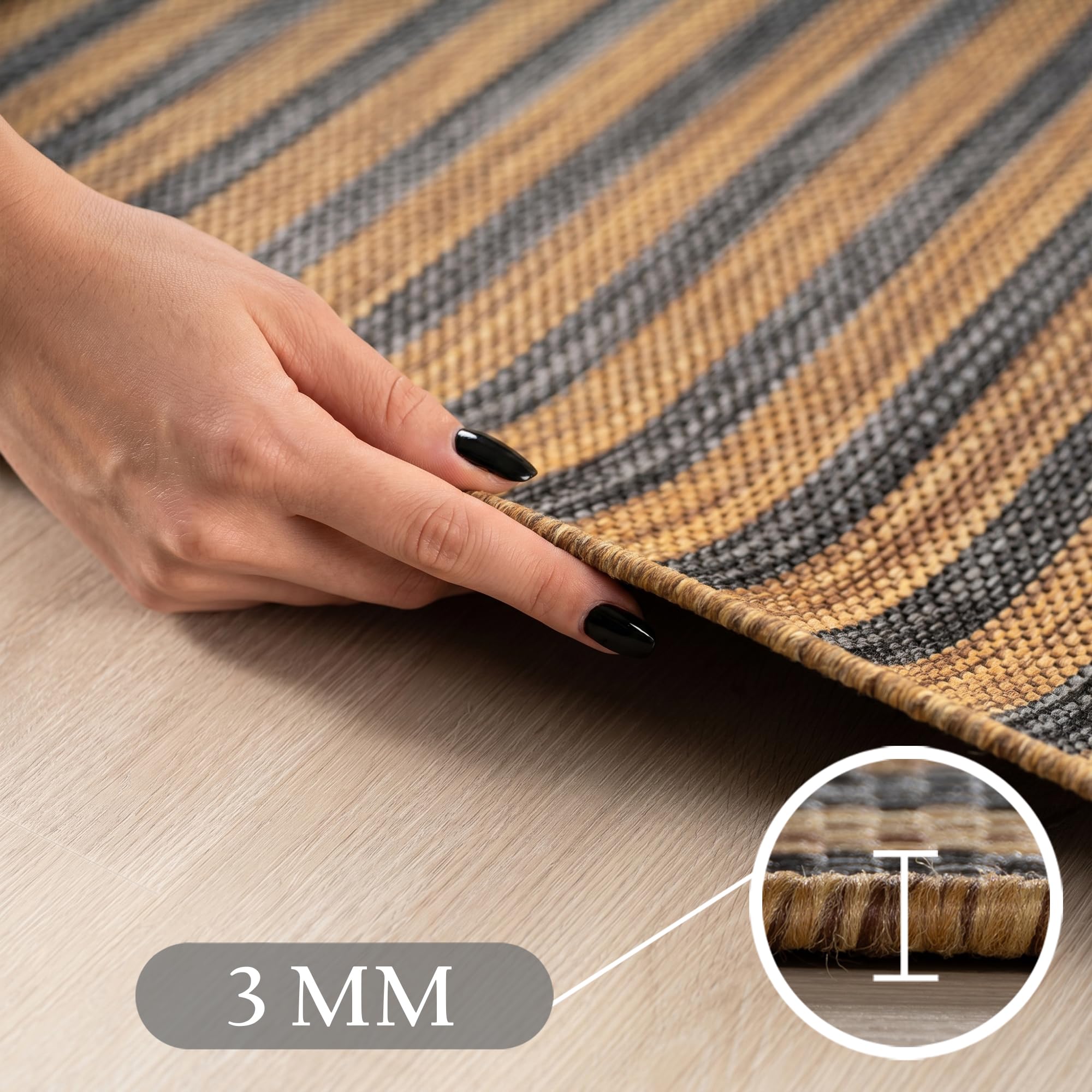 HomebyHome Outdoor Teppich Schwarz Natur Jute Optik Rund 200 cm Balkon Terrasse Garten Wetterfest UV-beständig Groß XL Boho Design Flachgewebe Pflegeleicht Robust Modern