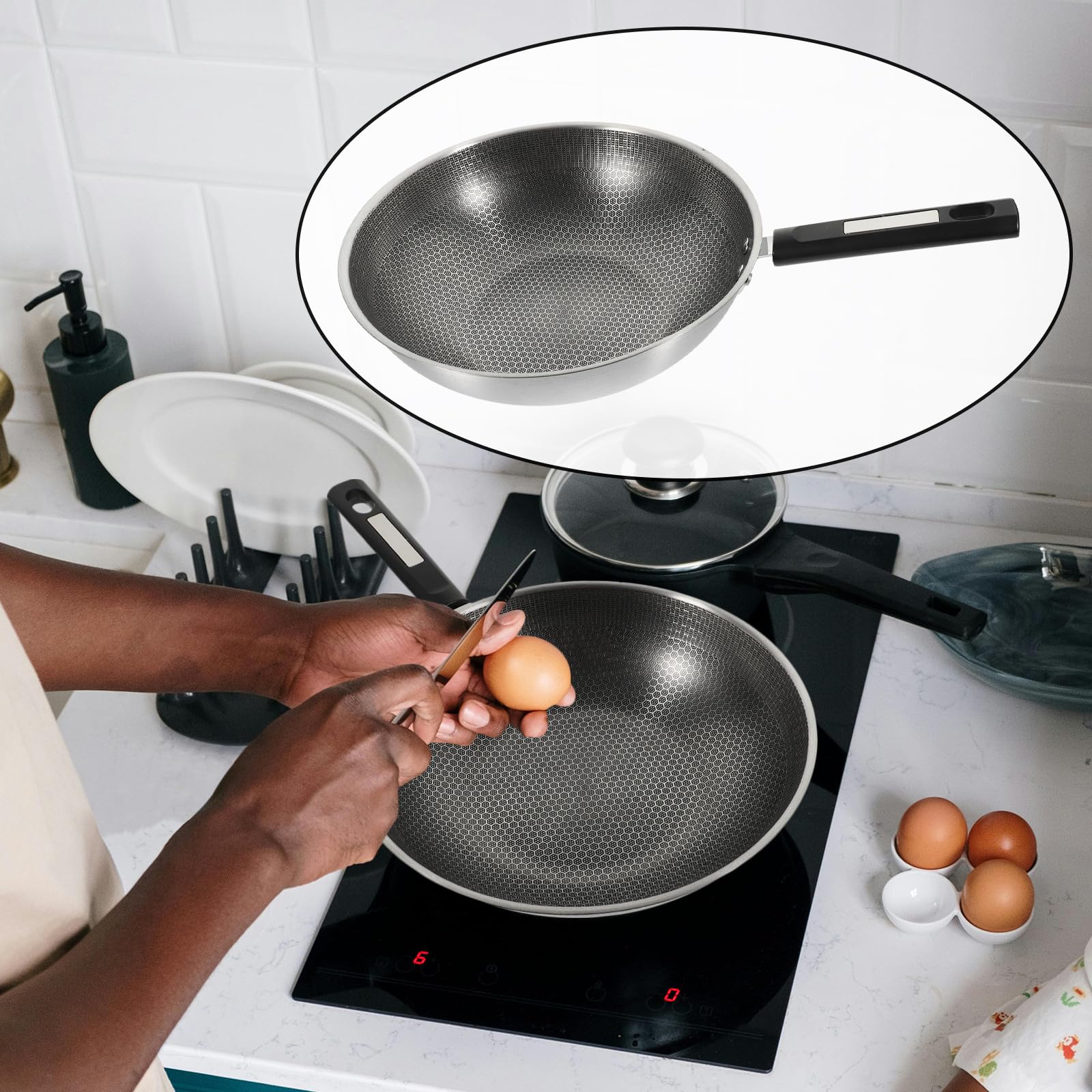 Amosfun Padella Rivestimento Antiaderente in Acciaio Inossidabile Distribuzione Calore Uniforme Fondo Piatto a Nido D'ape e Manico Antiscivolo per Cucina Induzione