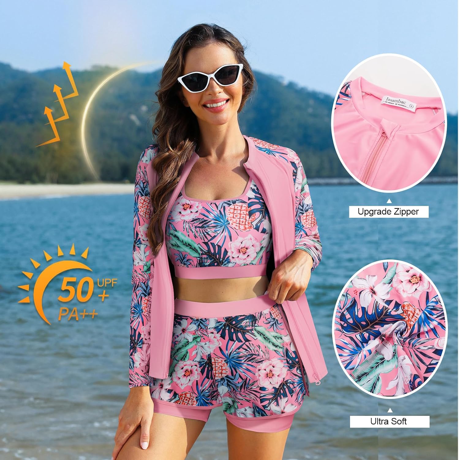 JASAMBAC 3 Piece Rash Guard for Women, Long Sleeve Swimsuits Bathing Suit 2026, UPF 50+ Swim Shirt with Built in Bra & Shorts - Image 2