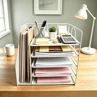 卓上ワイヤーメッシュ収納ラック 卓上収納 30×30×28cm 5 段トレイ縦型ファイル仕切り付き 書類ケース レターケース多用途 書類ファイル・事務文具・手芸工具・コスメ・レシート・児童絵本整理 オフィス・カフェレジ・化粧台・子供机兼用 省スペース机上整理棚