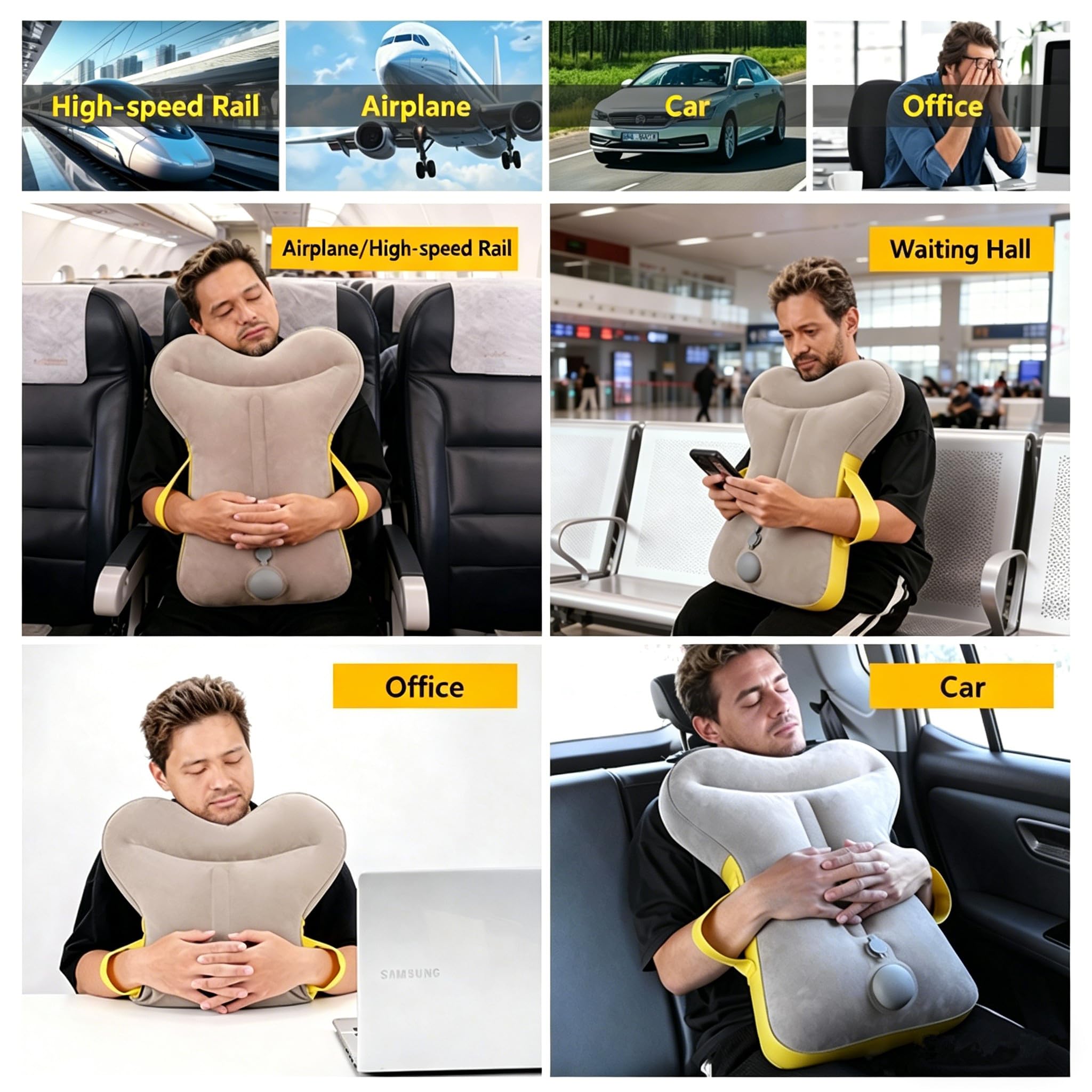 Cuscino gonfiabile per il collo, da viaggio, pieghevole, portatile, confortevole, per il supporto per il collo, per la testa e il mento, per treni, auto, ufficio, casa, campeggio