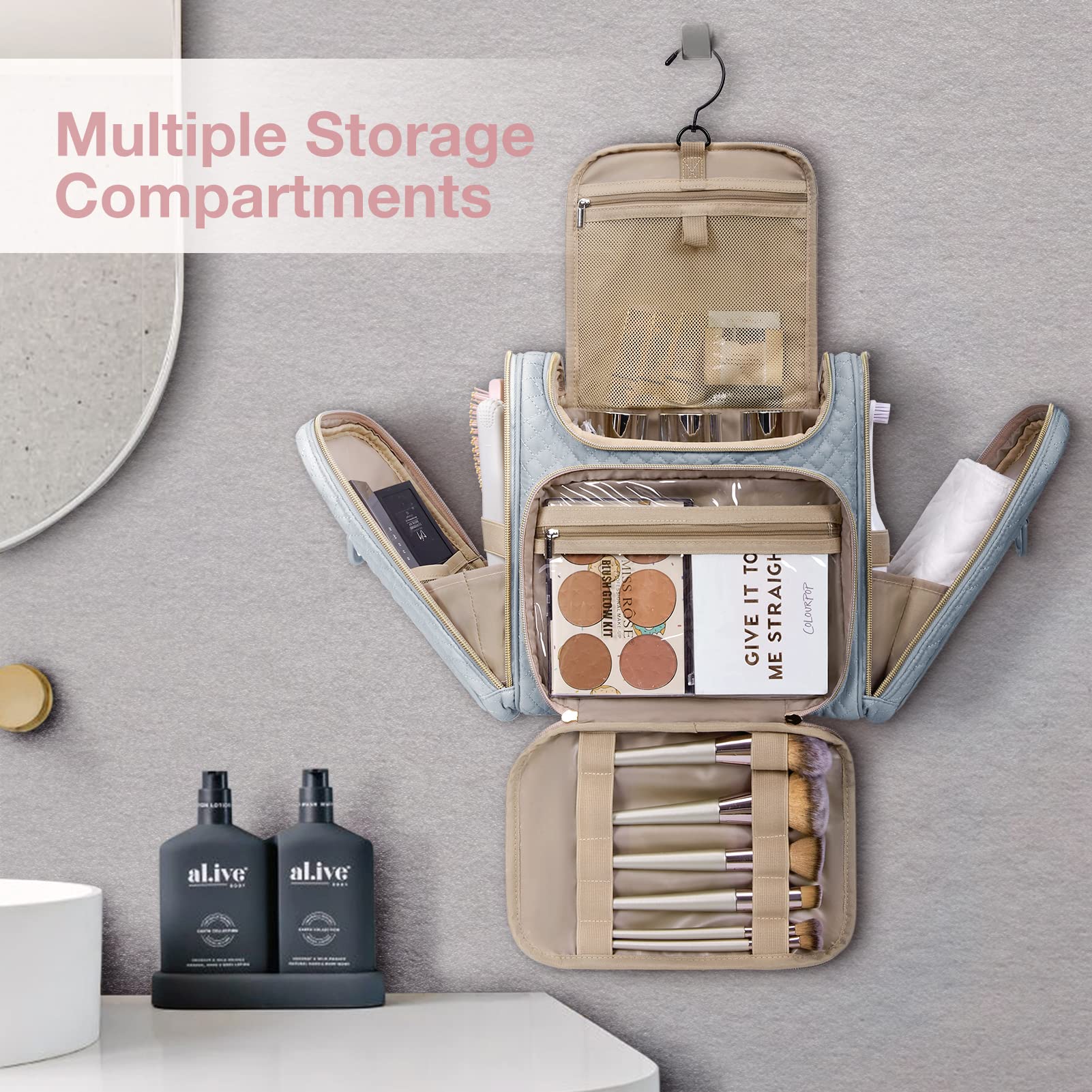 BAGSMART Neceser de viaje para mujer, bolsa de maquillaje resistente al agua, organizador de viaje de gran capacidad para artículos de tocador y cosméticos de tamaño completo, Gris, 12.2 x 6.9 x 10.4