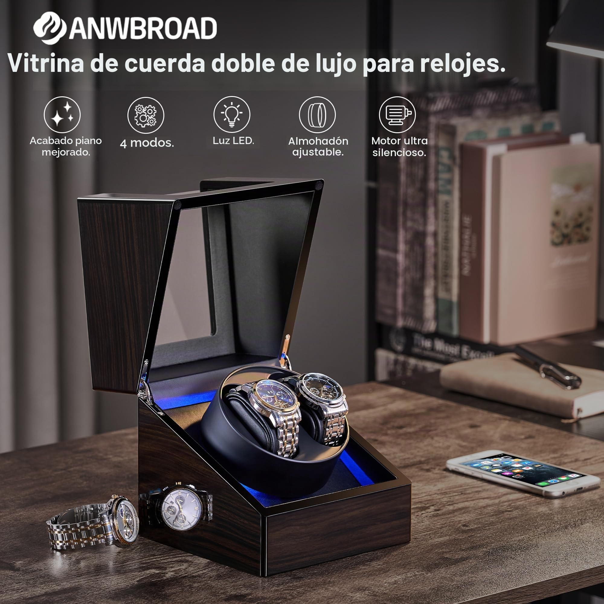 ANWBROAD Cajas Giratorias Para Relojes Automáticos, Nueva Caja Giratoria Para Relojes Automáticos con Acabado Lacado Piano, Caja Giratoria con 4 Modos de Rotación, Motor Silencioso, JWW001E