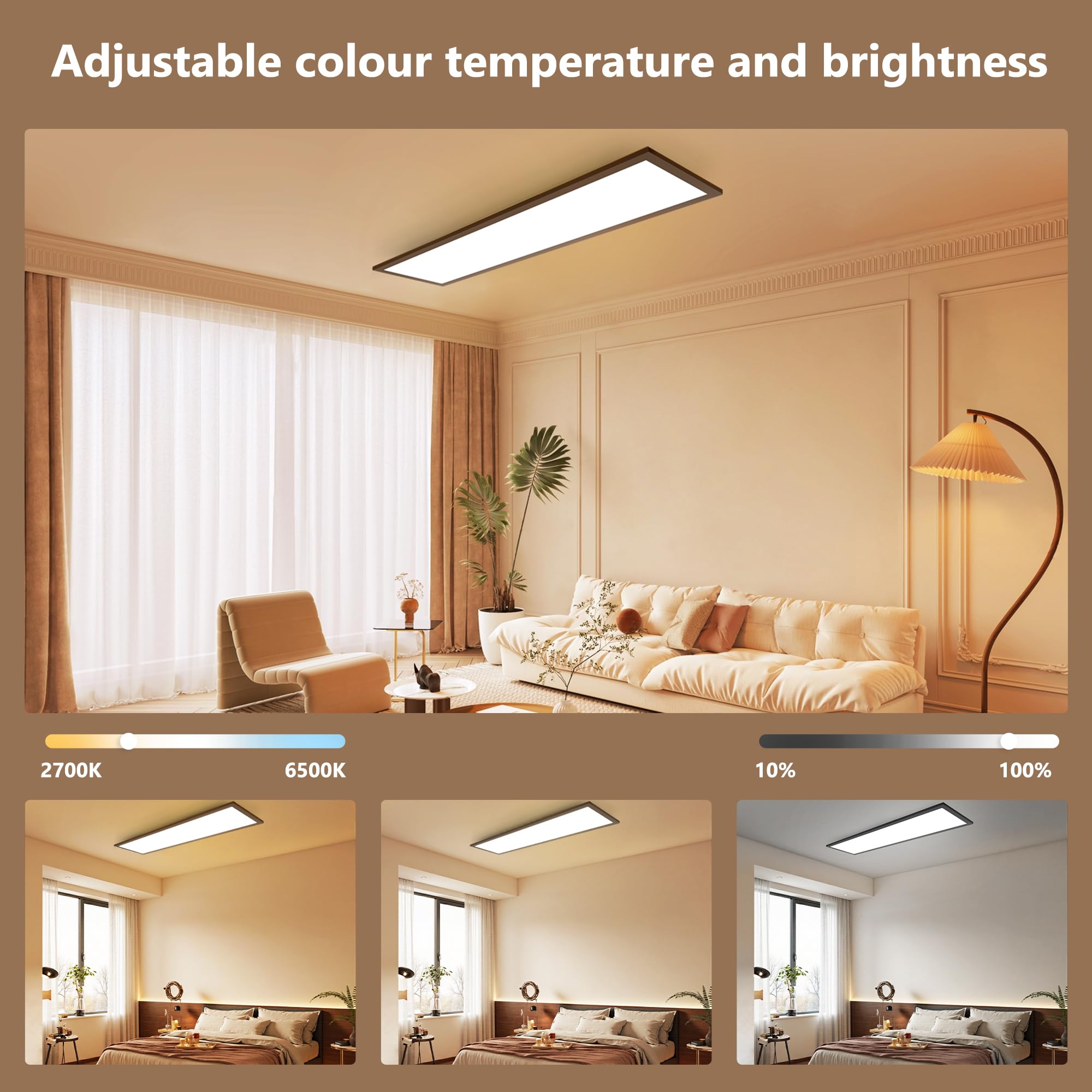 YindaLux Panel LED 120 x 30 cm, 40 W, 4000 lm, panel LED, ściemniana lampa sufitowa z pilotem, 2700 K-6500K, lampka nocna + funkcja pamięci, do kuchni, biura, salonu, korytarza, czarny