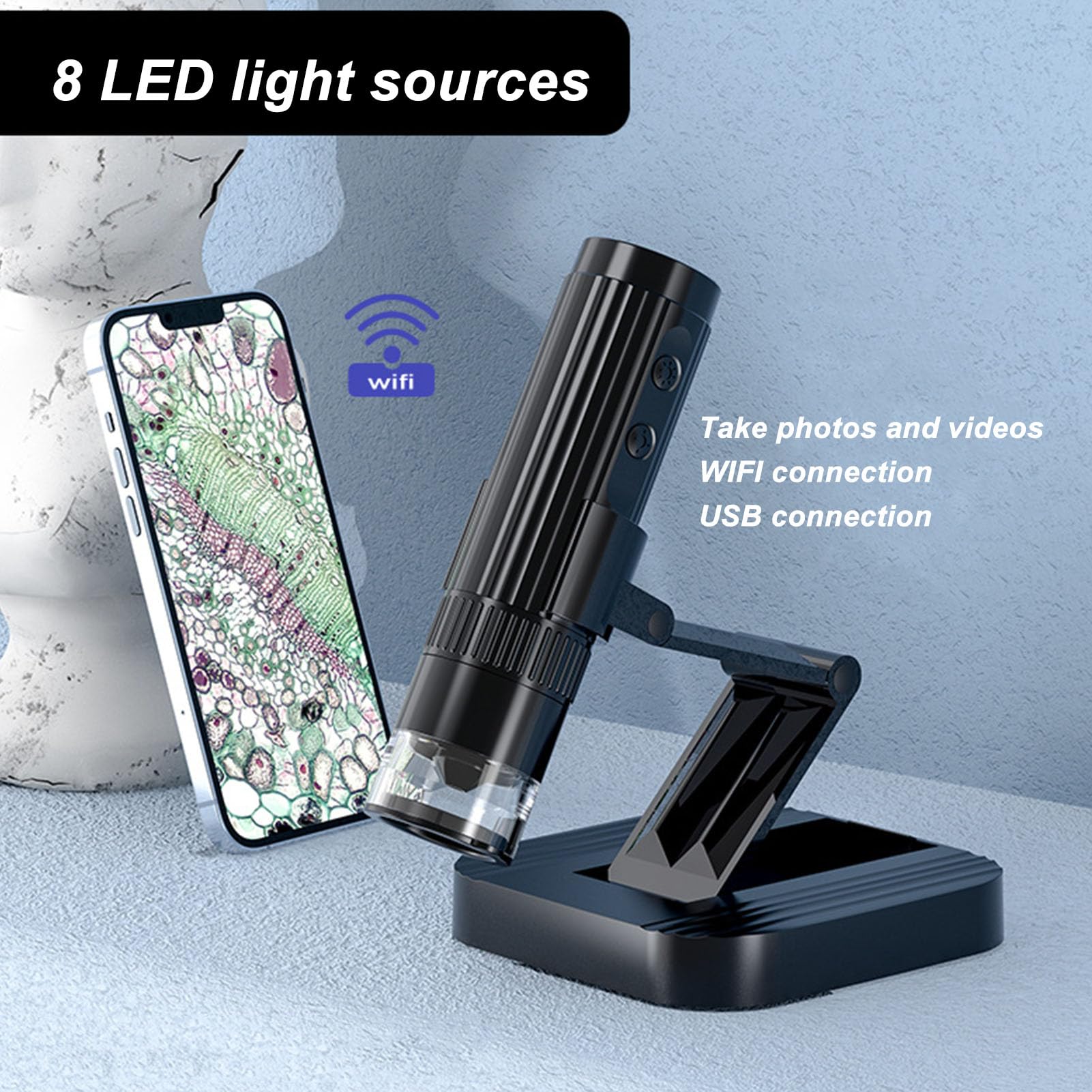 Microscopio Digital, Aumento de 50X a 1000X, Microscopio Portátil WiFi, Estudiantes y Exploración de la Naturaleza