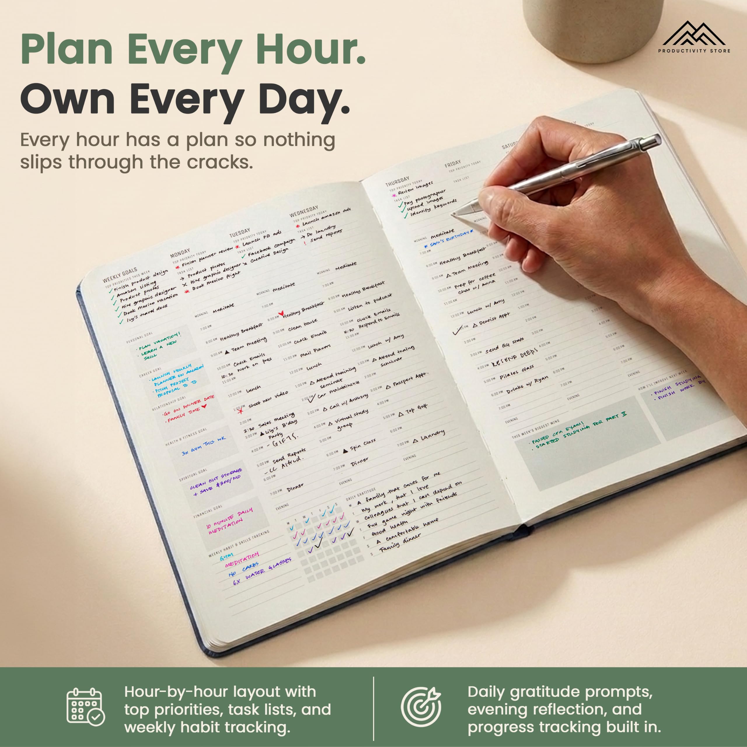 Orario Pro – 21,6 x 27,9 cm formato A4 agenda giornaliera e diario di gratitudine con agenda giornaliera e pianificazione – Aumenta la produttività, la gestione del tempo e raggiungi i tuoi obiettivi,