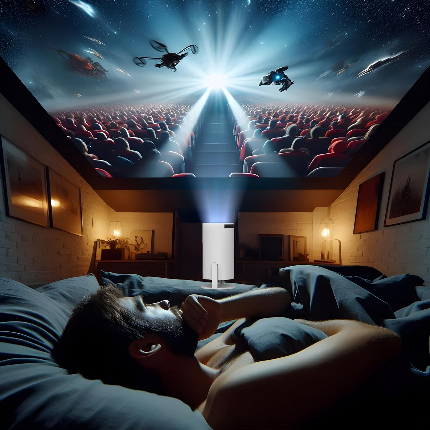 Person watching a movie projected onto the ceiling by the Retoo ER1007 Mini Projector