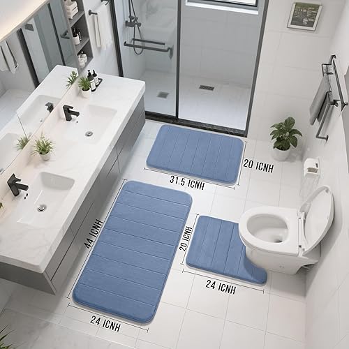 Miniatura 2 de Yimobra Juego de tapetes de baño de espuma viscoelástica, 3 piezas, 44.1 x 24 + 31.5 x 19.8 pulgadas y en forma de U para alfombras de baño, tapetes