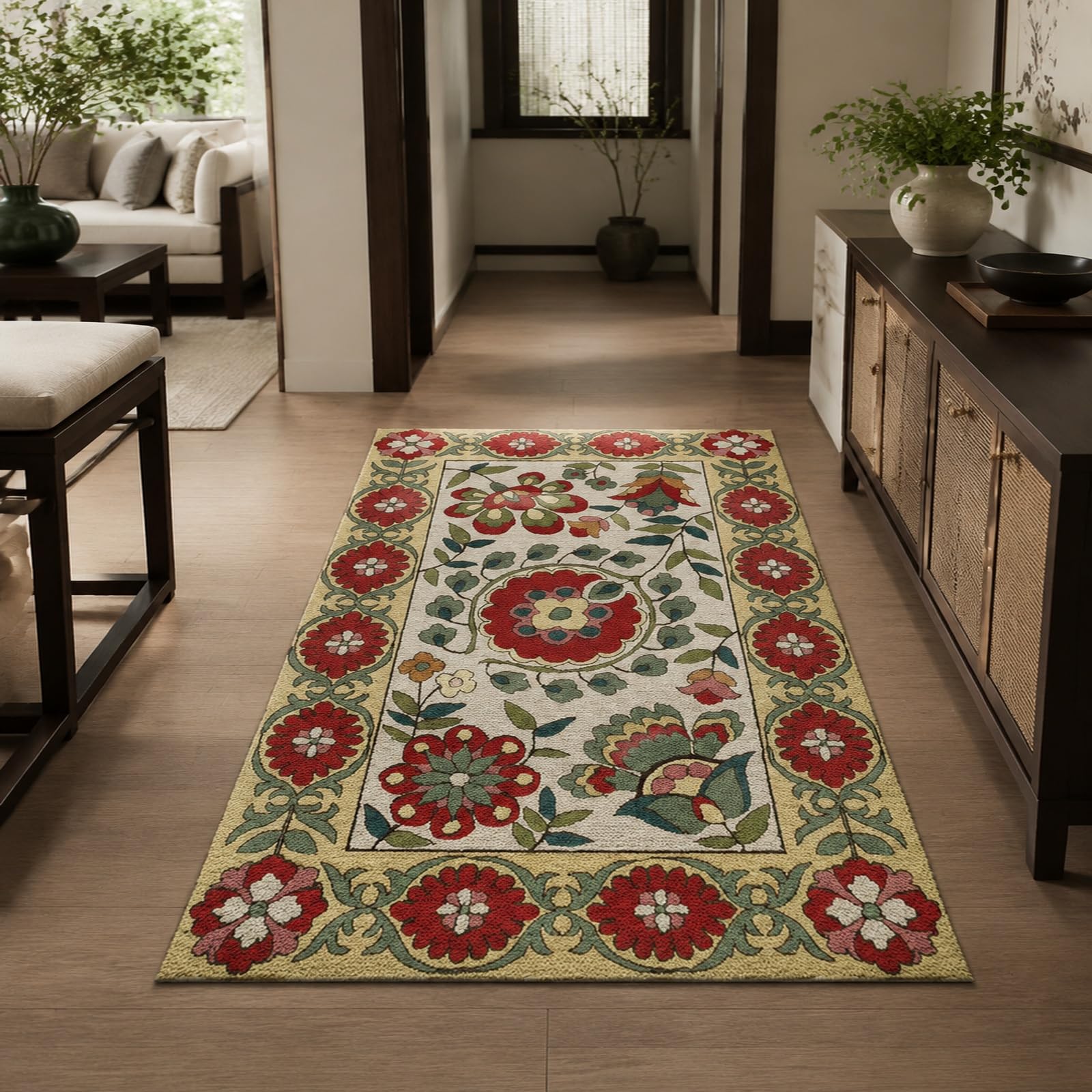 Generico Tappeto, vintage con motivo floreale rosso verde e beige 170 x 180 cm, Tappeti Lavabile Salotto Soggiorno Camera da Letto, Rugs Living Room