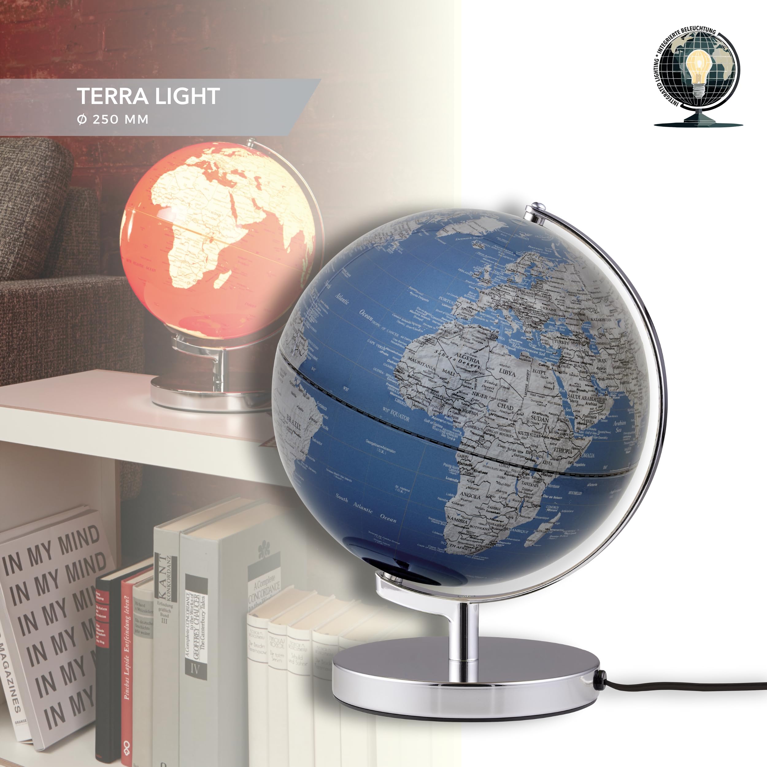 TROIKA Globe Illuminé 25 Cm TERRA LIGHT Lumière LED Globe Métallisé Bleu Mers & Argent