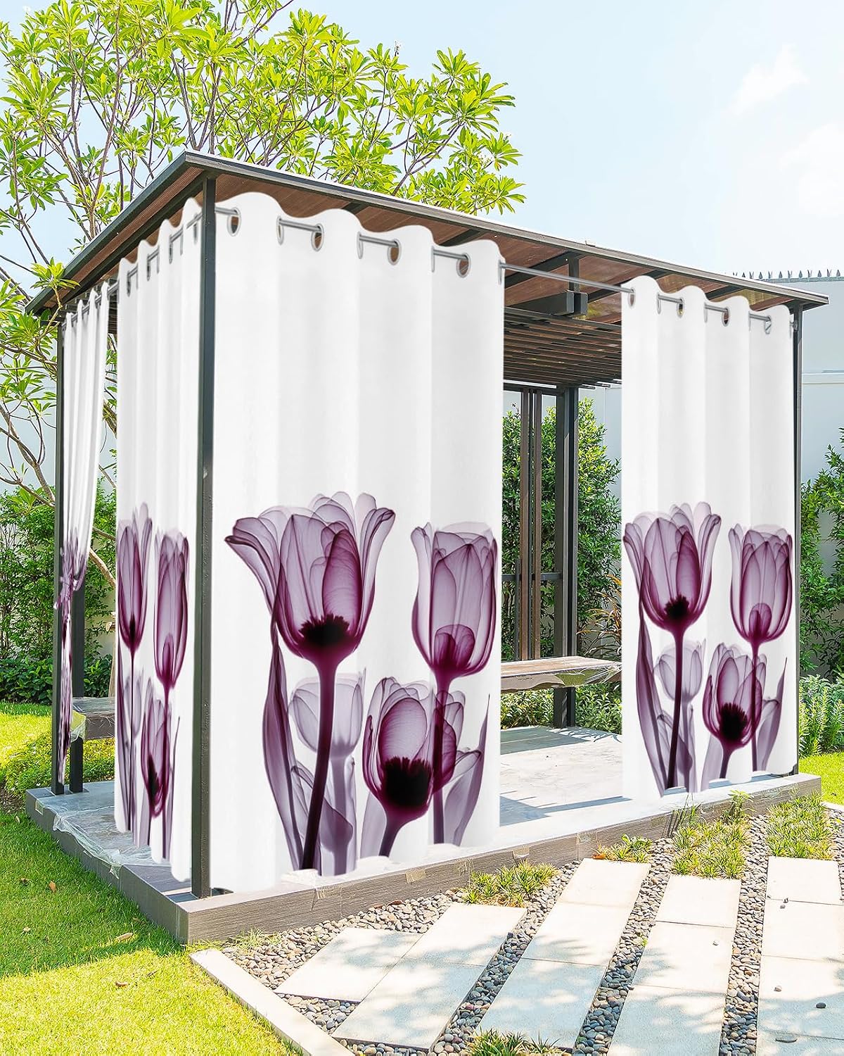 Indoor Outdoor Curtains for Patio Abstract Transparent Purplish Red Flower Tulip Outside Curtains Waterproof Grommet Privacy Drapes Light Filter Curtain for Porch Pergola Gazebo 52" Wx95 L 2 Panels