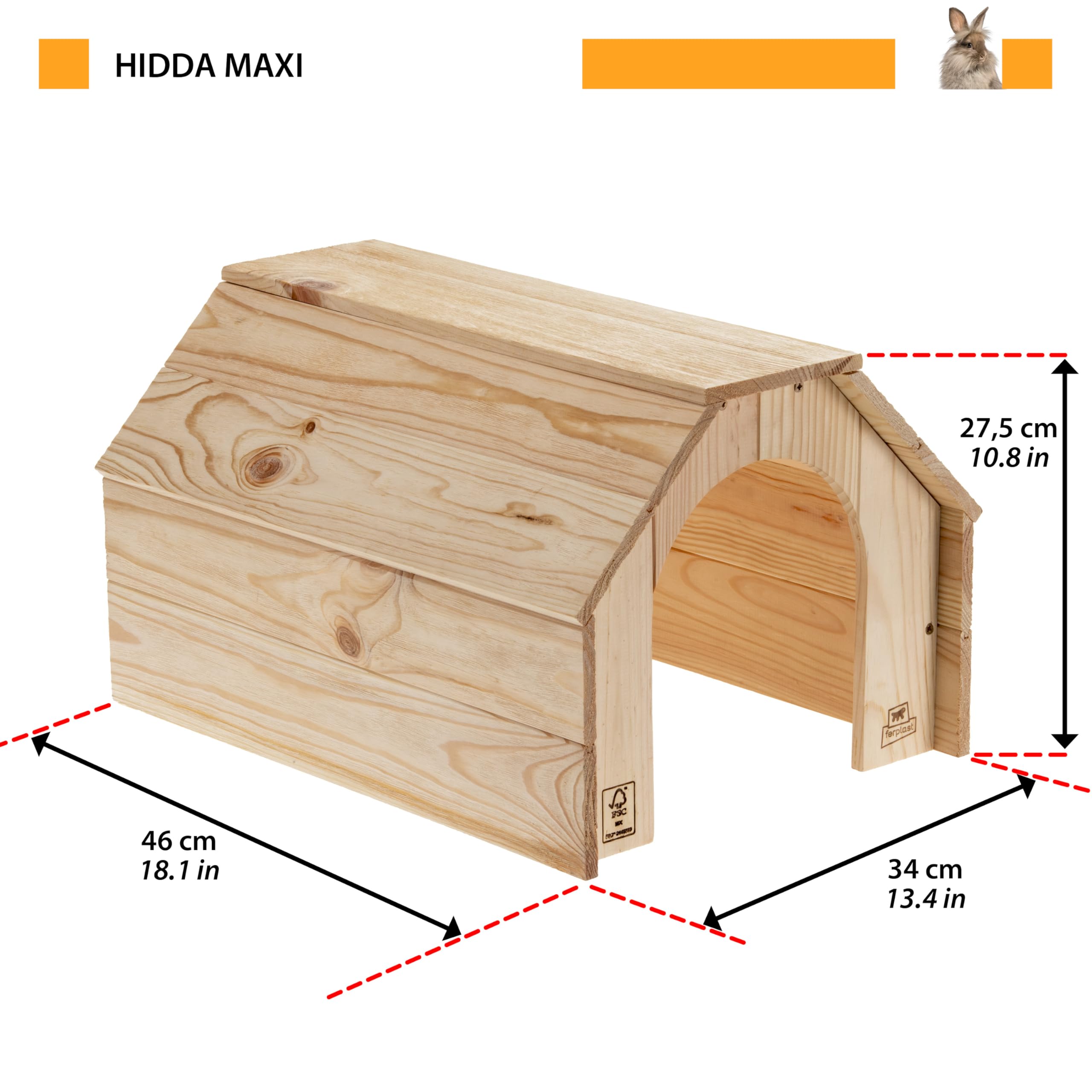 Ferplast Holzhaus für Kaninchen, Meerschweinchen & Hamster HIDDA, Kleintierhaus aus FSC®-zertifiziertem Holz, Gebürstete Optik, Schnellmontage-Set, 46 x 34 x H 27,5 cm, Größe XL