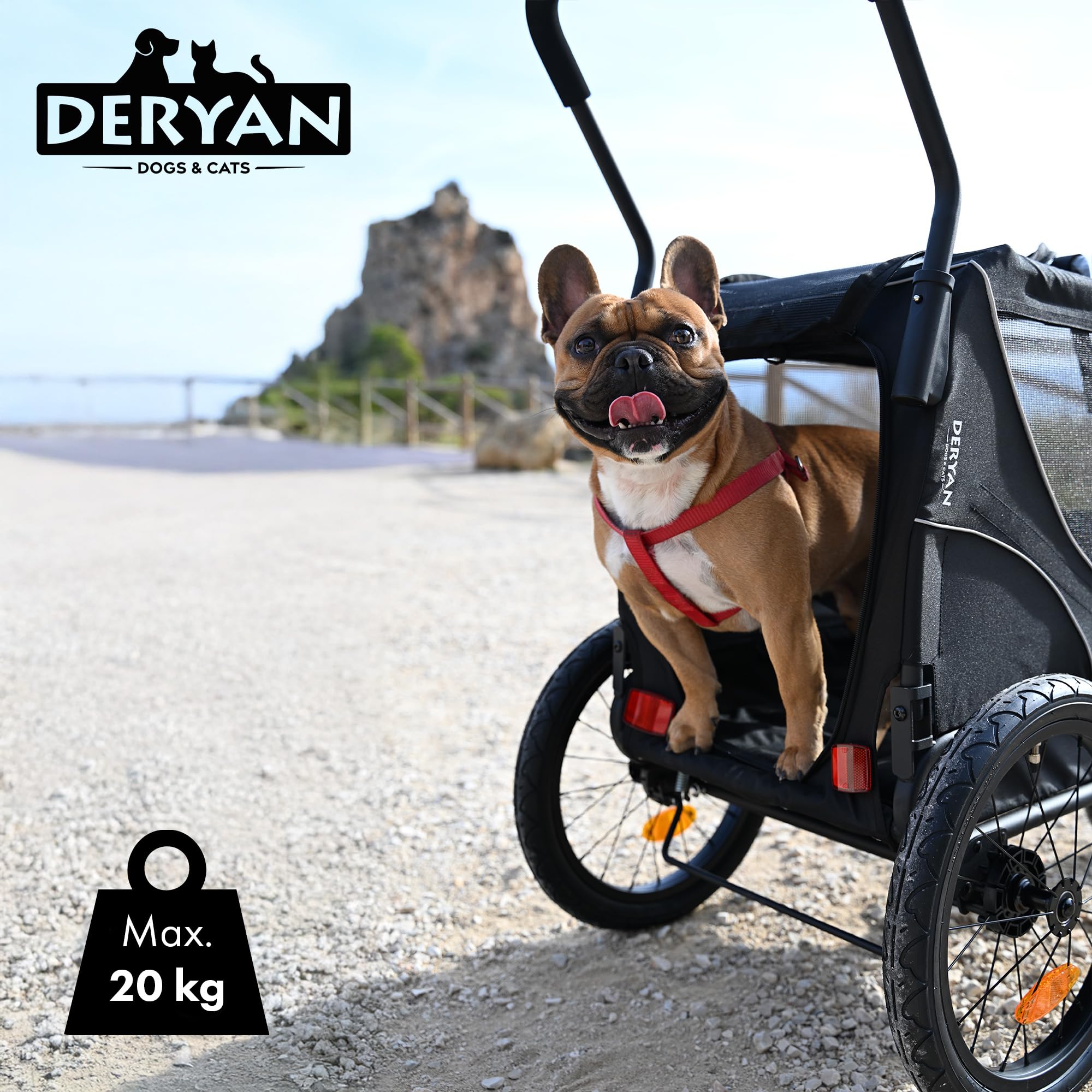 Deryan Hundefahrradanhänger 2-in-1 für Hunde - Fahrradanhänger XL, Jogger & Buggy - Zusammenklappbar & Multifunktional - Bis 20 kg - Für E-Bikes geeignet - Federung Fahrradanhänger Jogger - Schwarz