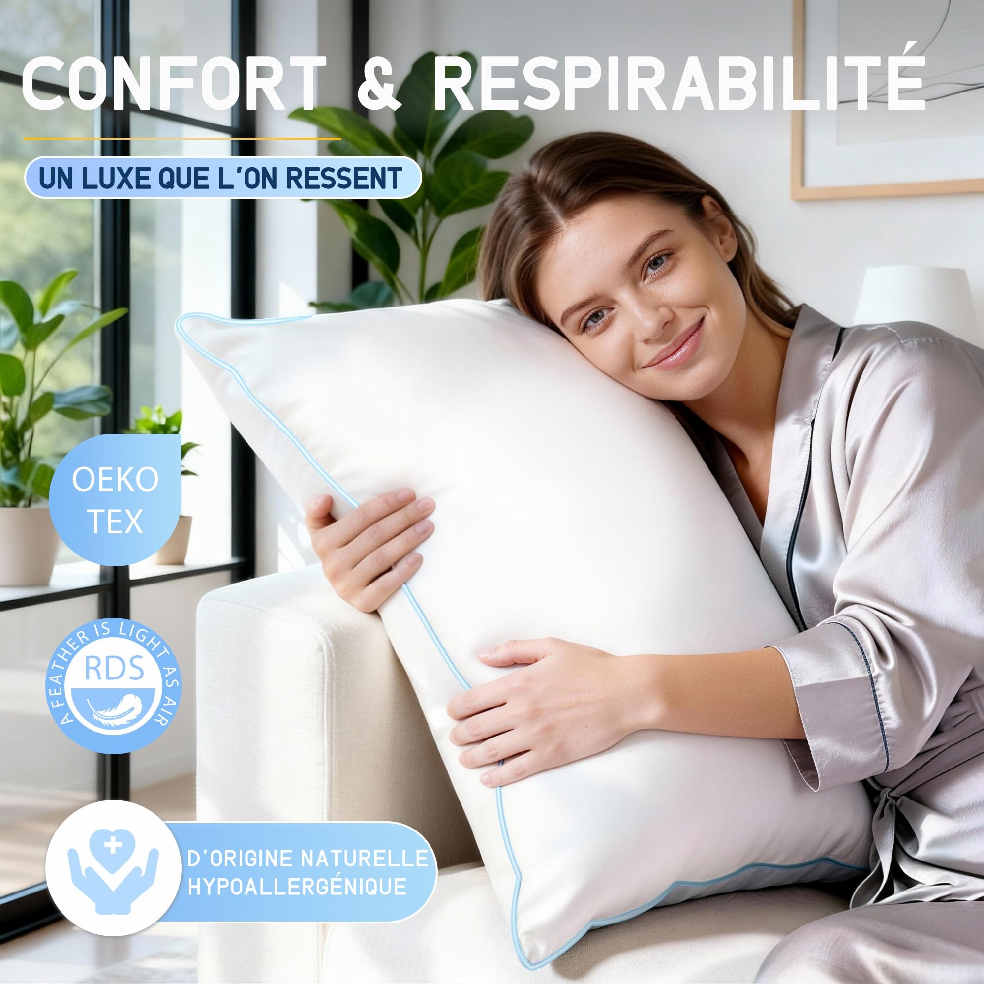 Oreiller 60x60 Duvet Luxe Plume - Oreiller 60x60 cm en Duvet et Plumes de Qualité Hôtelière - Confort Oreillers de Sommeil en Plume 3 Chambres Certifié Oeko-Tex-Dormez comme sur des Nuages