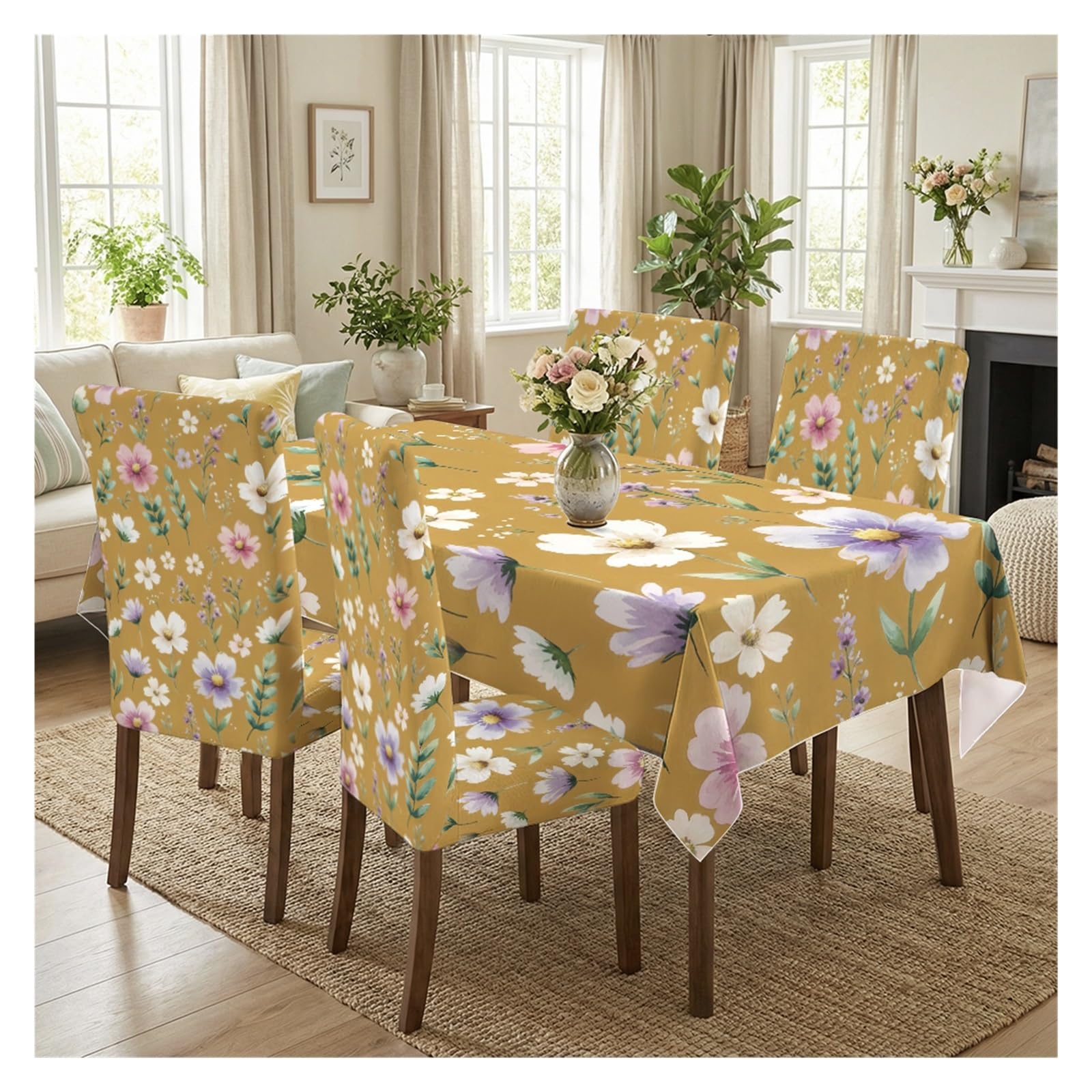 BOSUYBN Mustard Yellow Watercolor Floral Dining Tablecloth & Chair Cover Set, 5/7 Piece Soft Wildflower Slipcovers For Farmhouse Home Table Setting(5pcs Set: Tablecloth+Chair Covers)