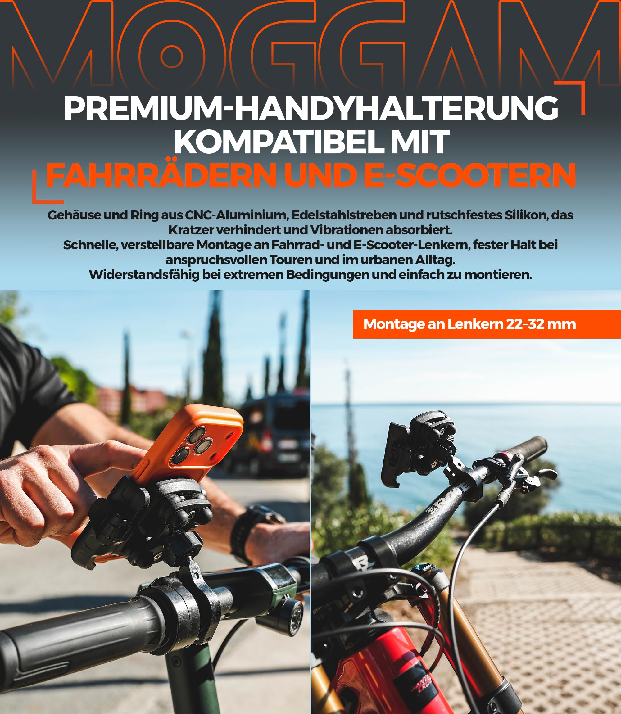 Handyhalterung Motorrad Antivibration CNC Aluminium Schnellverschluss Offenes Design Für Lenker 22-32mm & Rückspiegel 12-14mm Kompatibel Roller Fahrrad E-Scooter 360° Drehbar