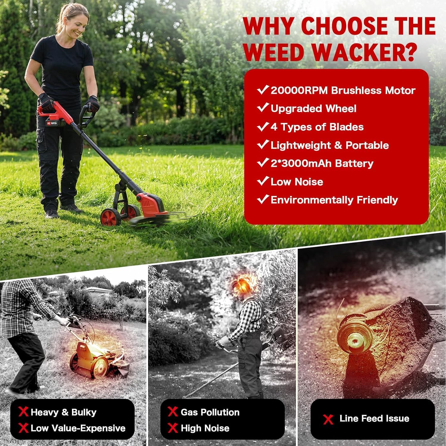 Decespugliatore elettrico da 30,5 cm, con 2 batterie da 3,0 Ah e caricabatterie, potente 20000 giri/min, 4 tipi di lame, decespugliatore telescopico con ruote staccabili per potatura da giardino
